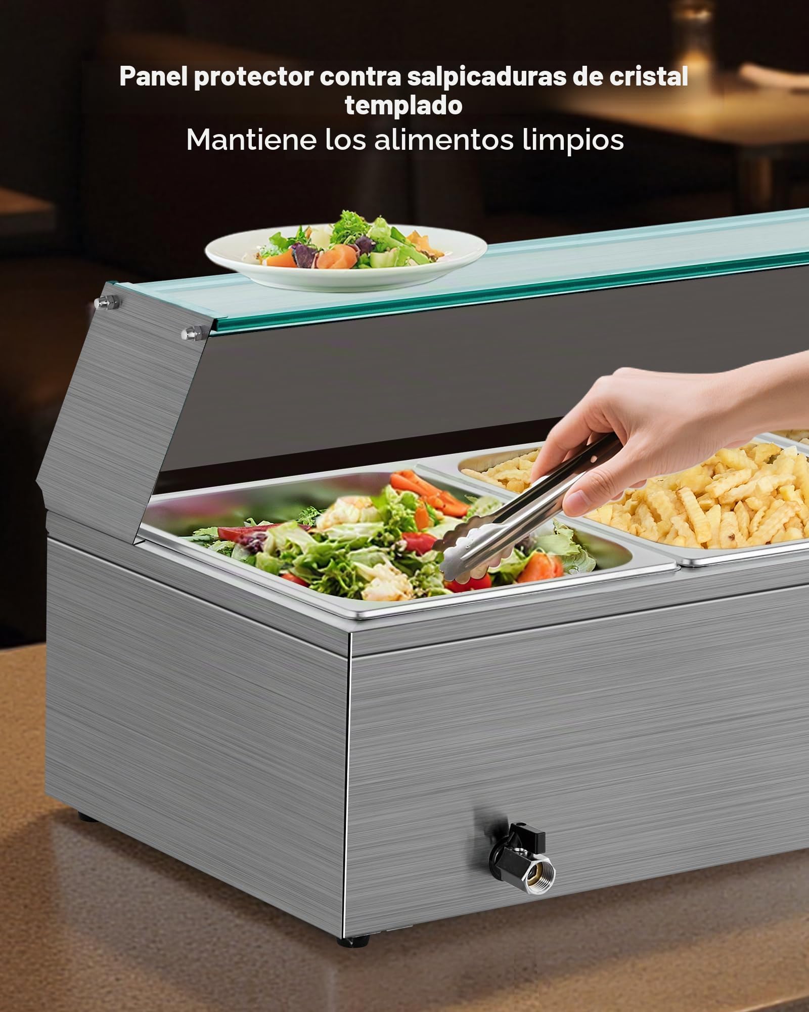 VEVOR Calentador de Alimentos Eléctrico de Acero Inoxidable de 1500 W con Vapor y Cubierta de Vidrio, 3 Bandejas para Buffet de Encimera, Baño María con Cucharones, para Catering, Restaurantes