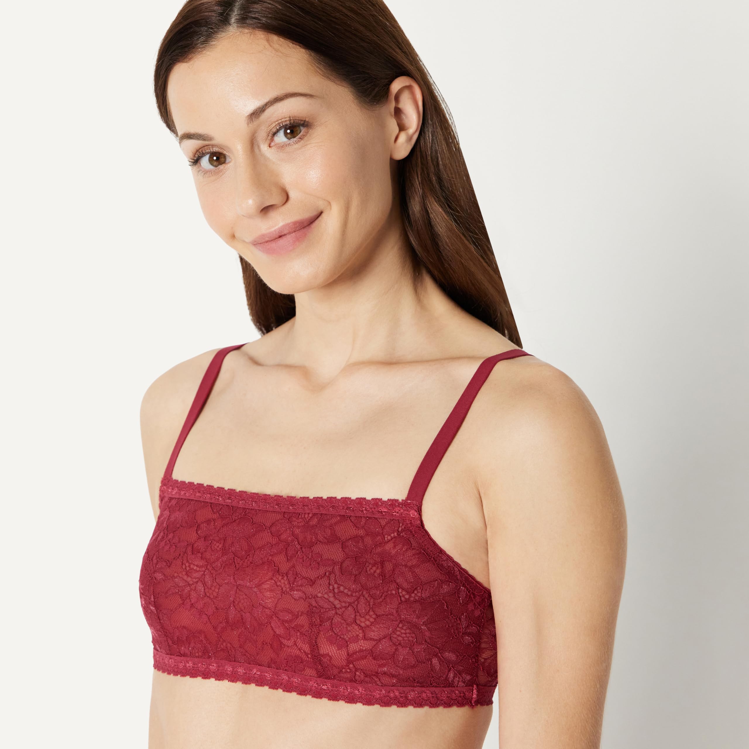 Amazon Essentials Women's Stretch All Over Lace Square Neck Bralette: Small Soft Petal / Burgundy