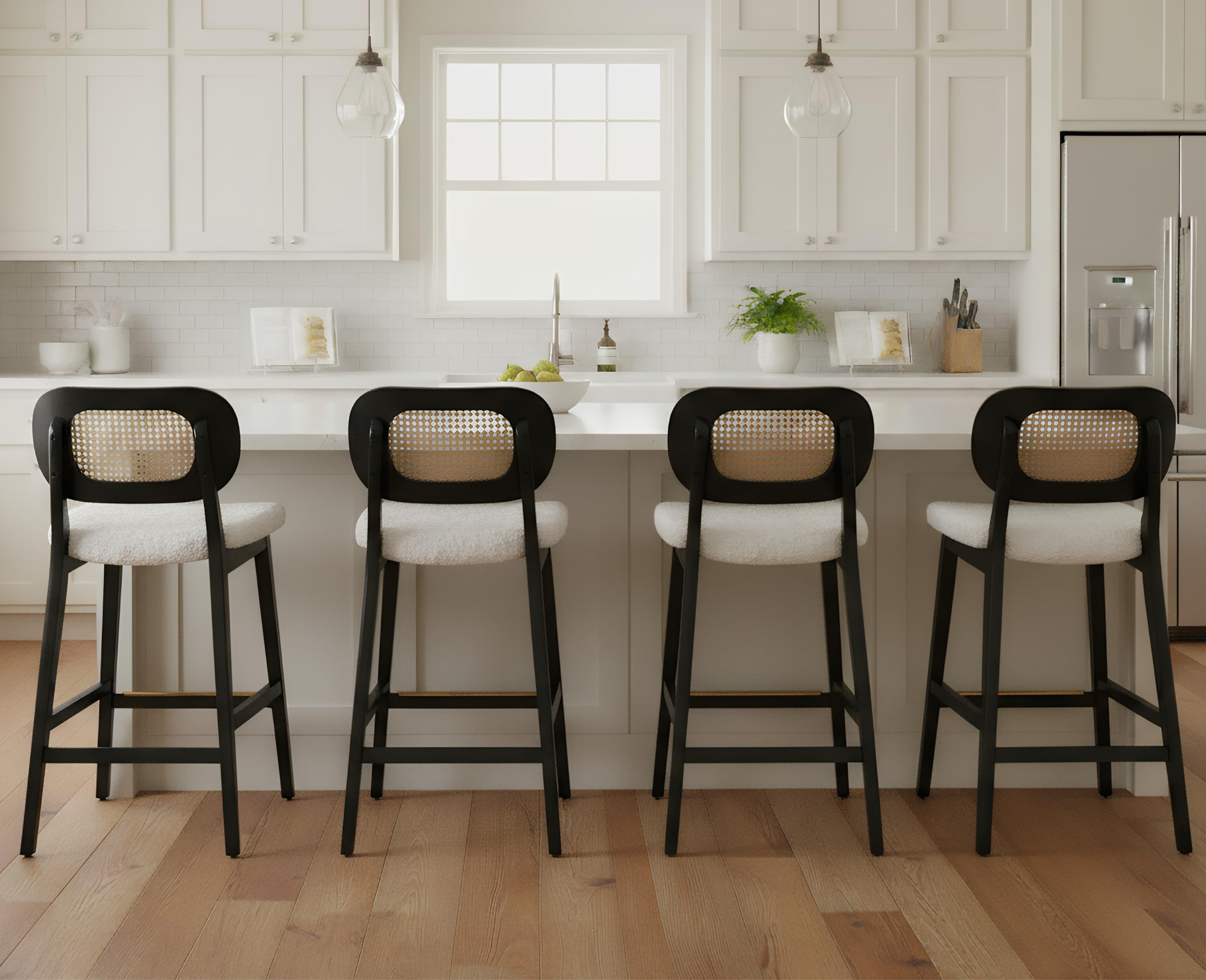 EALSON Counter Height Bar Stools Set of 4 Rattan Back Farmhouse Barstools Mid Century Modern Bar Chairs with Black Wood Legs Sherpa Upholstered