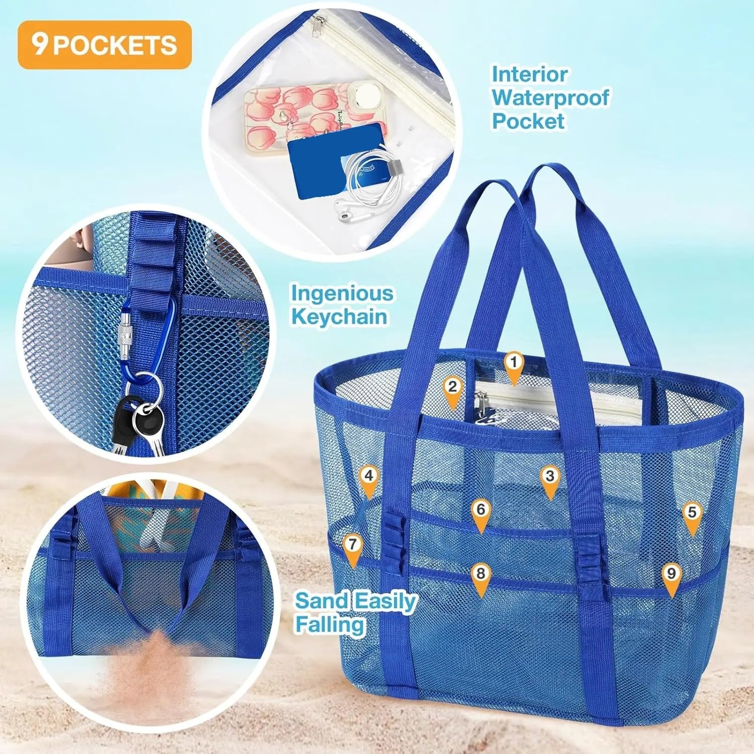 Sac fourre-Tout de Plage pour Femme, Grand Sac de Plage en Maille, fourre-Tout Pliable, Anti-Sable, Mini Poches imperméables