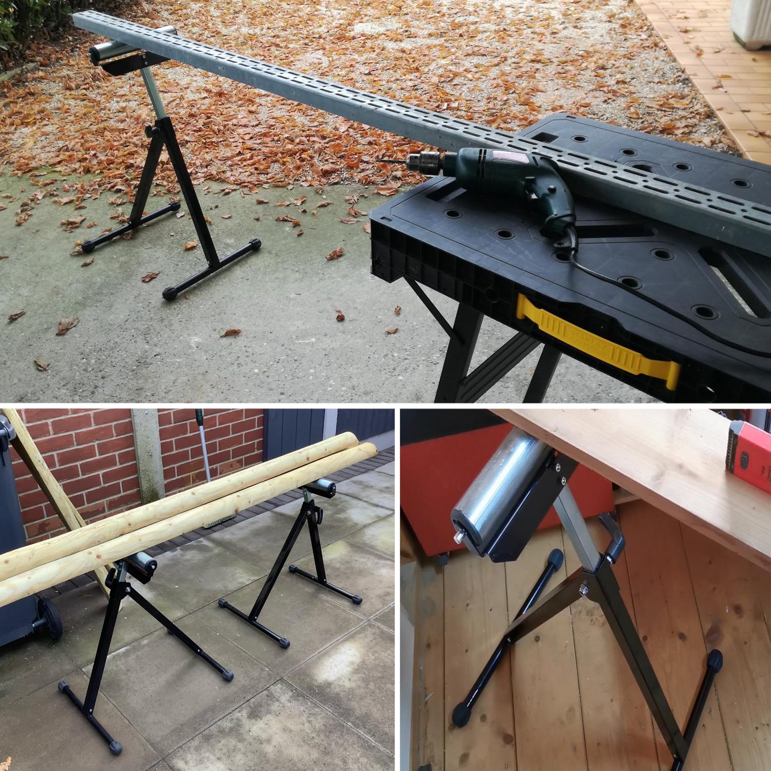 Stojak na kółkach, 2-częściowy zestaw rolek z regulacją wysokości 68-108 cm, składany, ze stali A3, nośność 90 kg, antypoślizgowy, do stołowej piły tarczowej i obróbki drewna