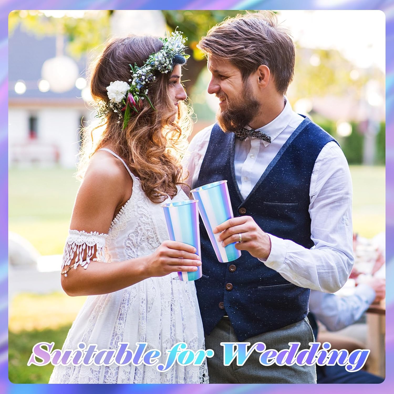 100 Pcs Iridescent Plastic Cups Rainbow Cups Holographic Party Clear Glitter Shiny Plastic Tumblers for Wedding Birthday Bachelorette Mermaid Party (24 oz) - Image 5