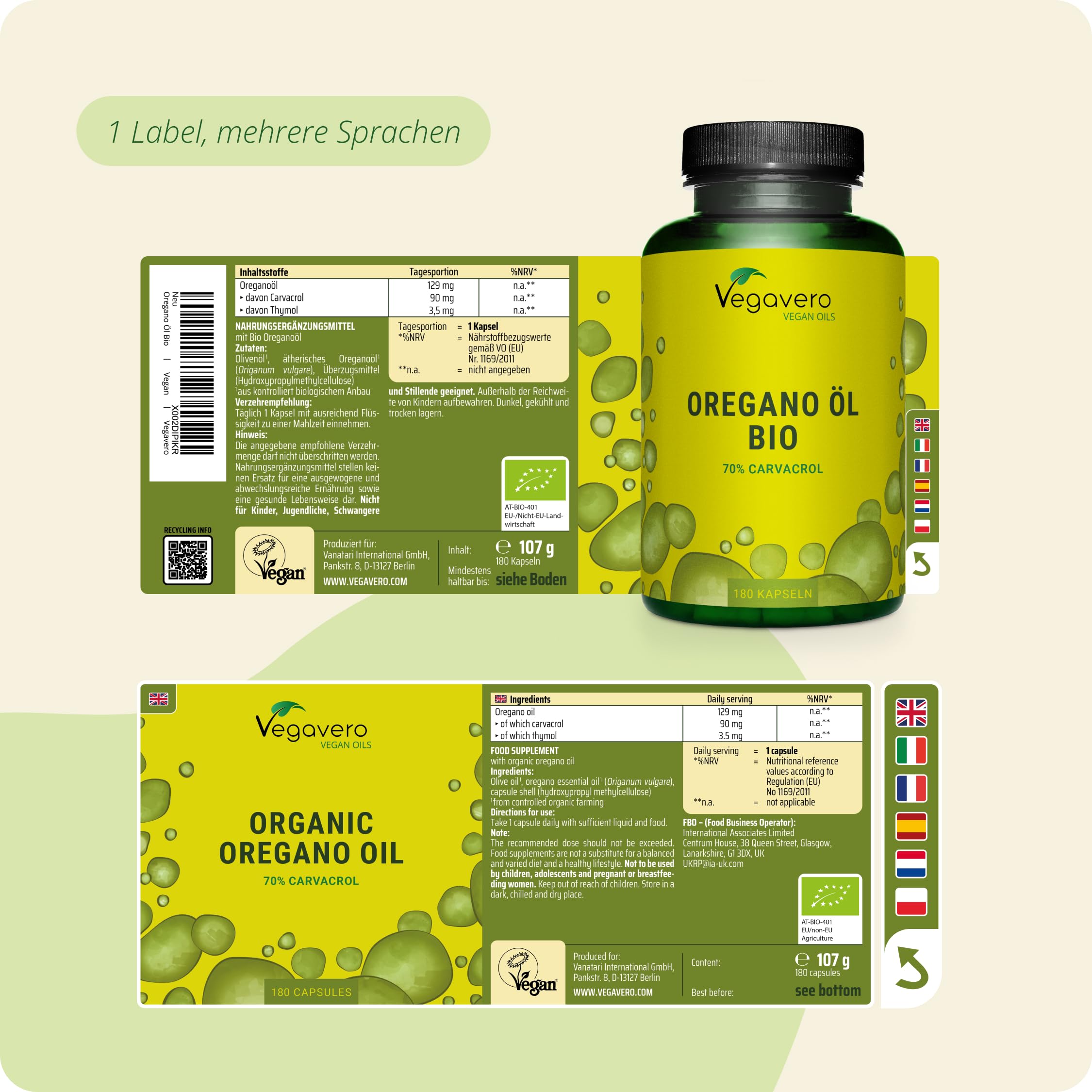 Vegavero Oregano Öl Kapseln Bio 180 Stück - 129 mg Oreganoöl mit 70% Carvacrol & 2,75% Thymol - vegane Kapseln ohne Zusatzstoffe