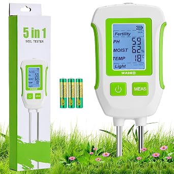 WADEO 5-in-1 Digital Soil Tester with Backlight LCD Display, Dual-Probes Meter for pH, Fertility, Moisture, Temperature, Sunlight Intensity, Ideal for Gardening, Farming, Indoor & Outdoor Plants