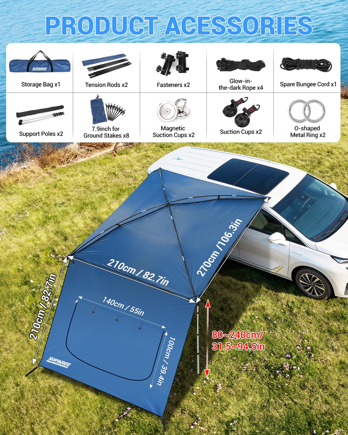 SUPAREE Markise für Auto Camping Auto Markise Sonnensegel Sonnensegel für SUV mit Seitenwänden und Fliegengitter Fenster 210D Oxford UV-Schutz Wasserdicht für Wohnmobil Van Wrangler