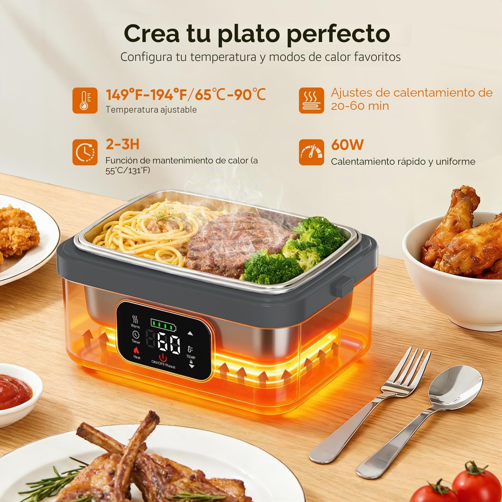 Fiambrera Electrica,Calentador de Comida Portatil 1L para Comida con Pantalla Táctil,Taper Termico Comida Caliente con Vajilla de Acero Inoxidable y Bolsa Aislante para Coche caja calefactora