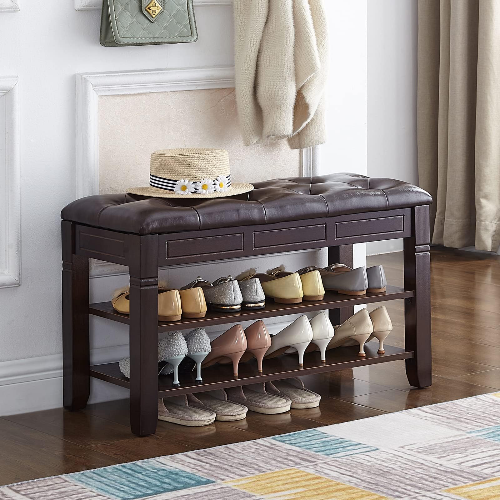 HOOTSMALL Wooden Shoe Storage Bench With Cushion – 2-Tier Rack, Walnut Brown & Black, 39.4" Long - View #2