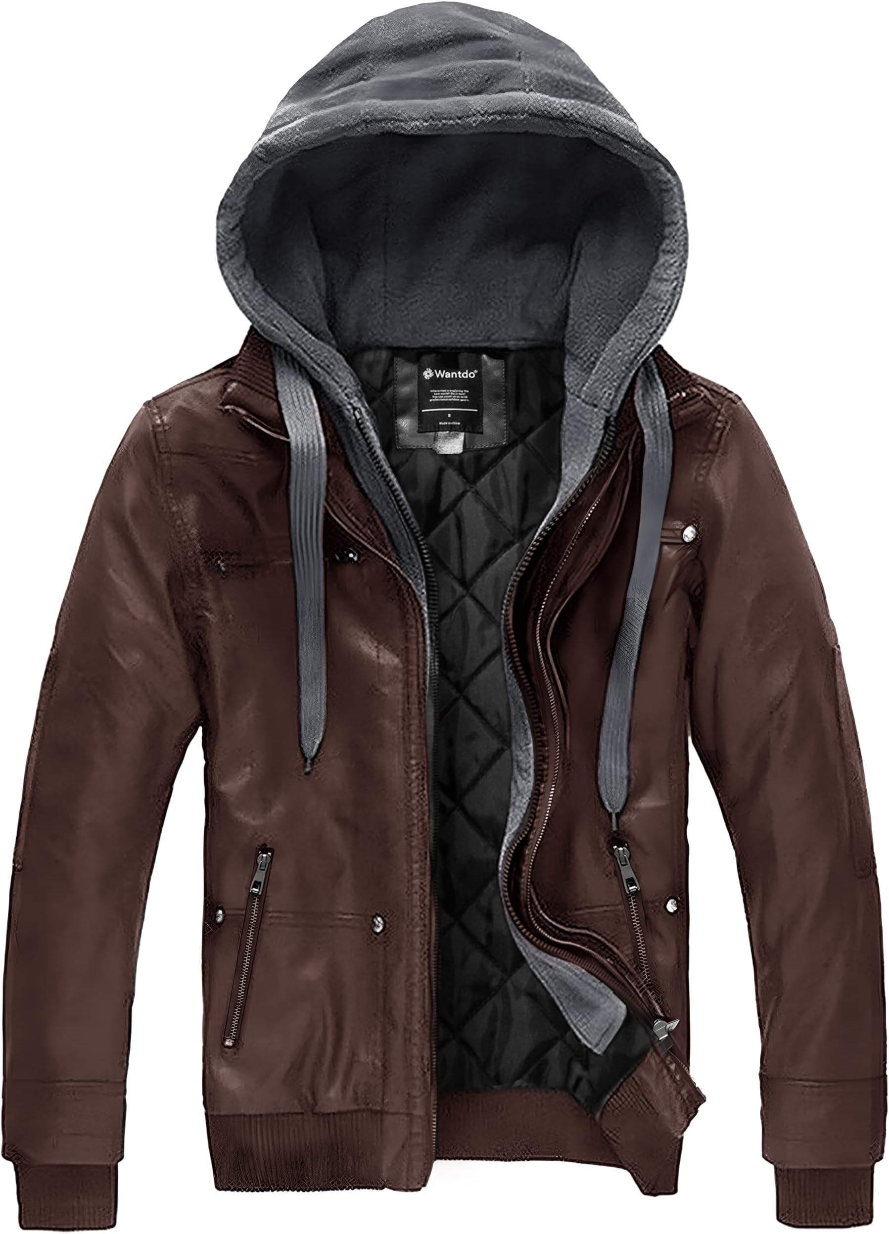 wantdo Men's Faux Leather Jacket with Removable Hood Motorcycle Jacket Casual Warm Winter Coat