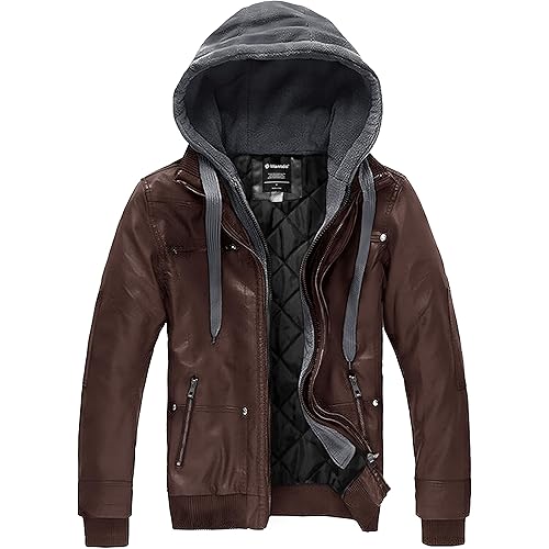 wantdo Men's Faux Leather Jacket with Removable Hood Motorcycle Jacket Casual Warm Winter Coat