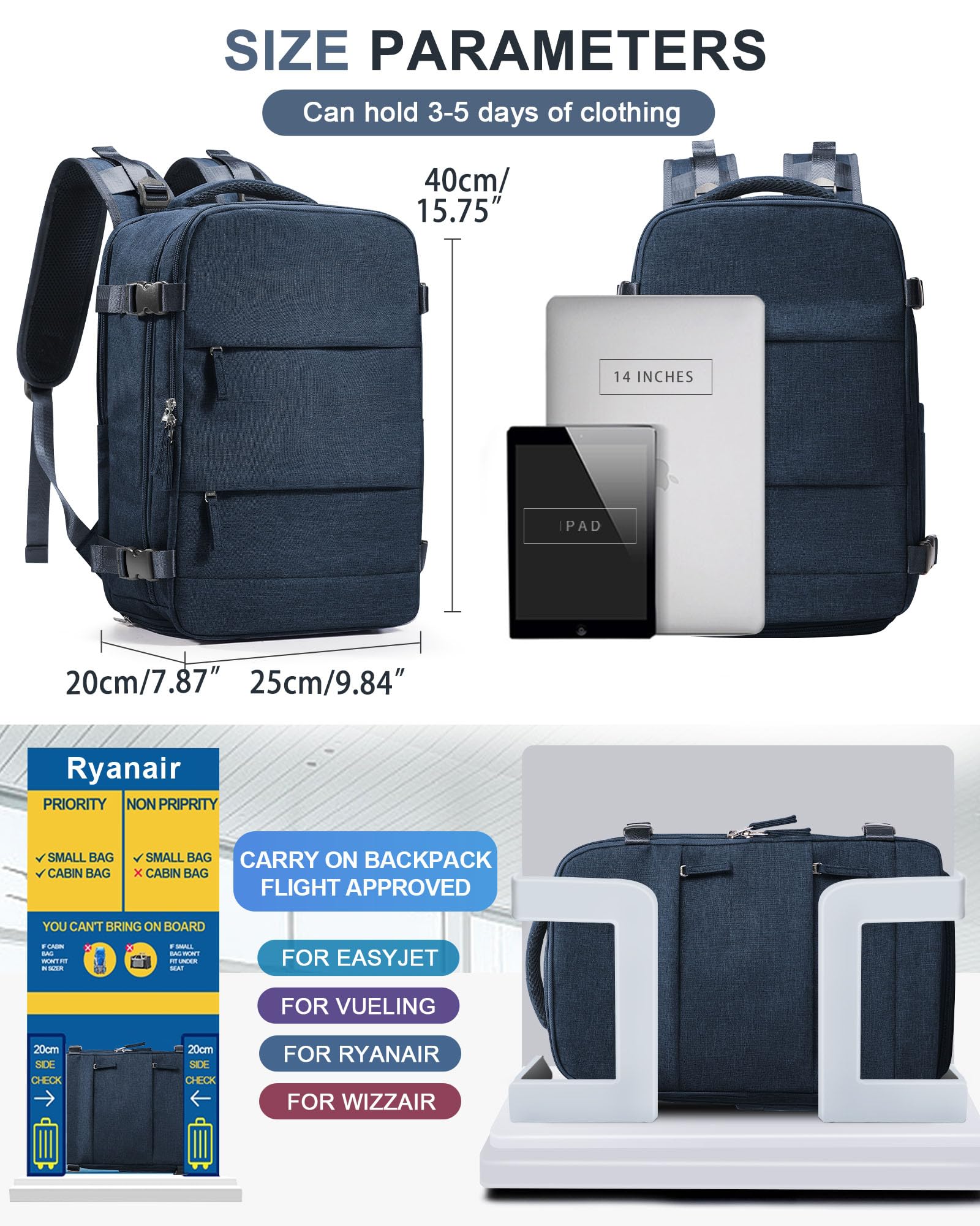 BJLFS Borse da Cabina per Ryanair 40x20x25 Bagaglio a Mano Zaino Borsa Zaino da Viaggio, Zaino da trekking,Zaino Easyjet 45x36x20,Zaino Casual per laptop da 14 pollici per scuola