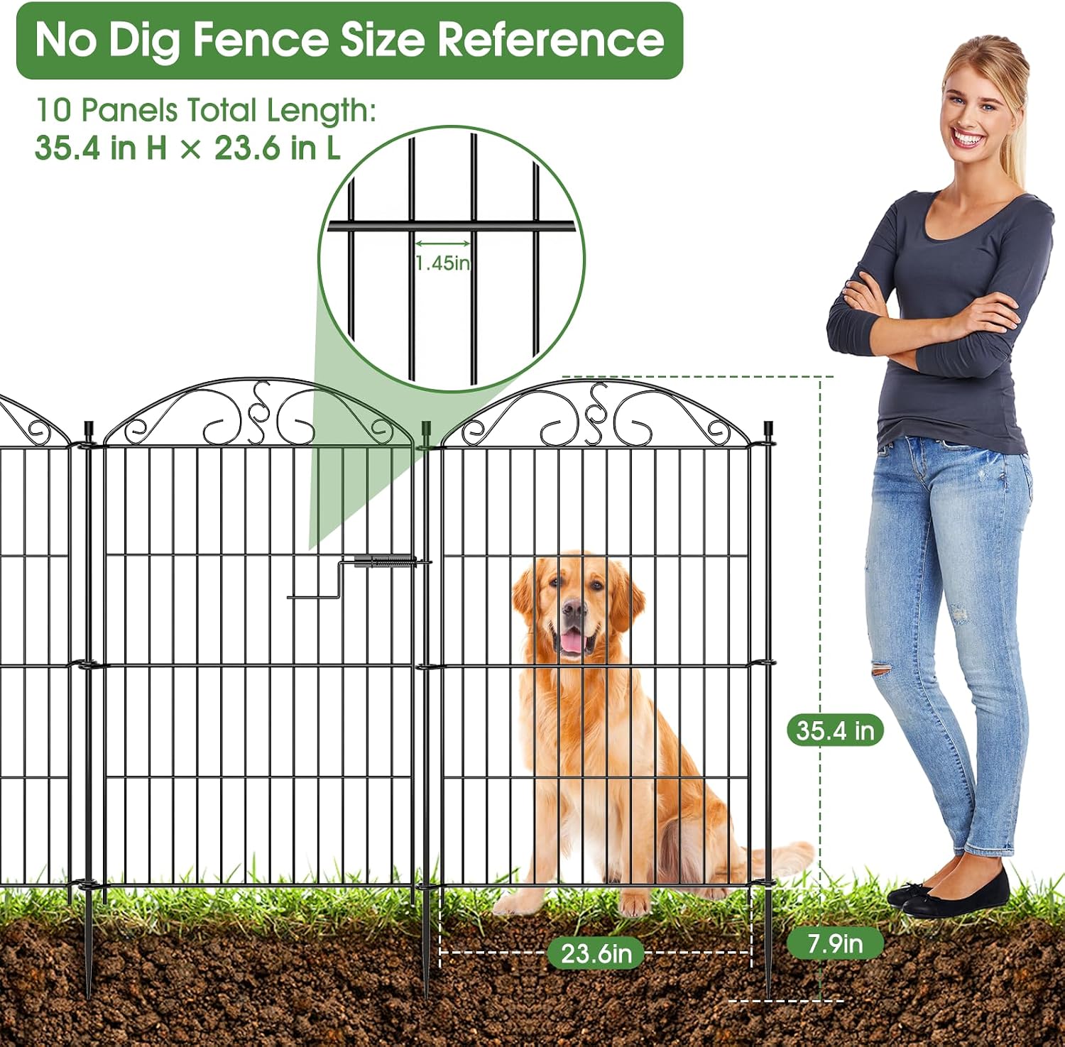 10 Panels No Dig Garden Fence with Gate, Decorative Metal Border Edging for Flower Bed, Lawn, Yard & Dog Run, Rust-Proof Outdoor Landscape Fencing 35.4 in (H) x 236 in (L), Black