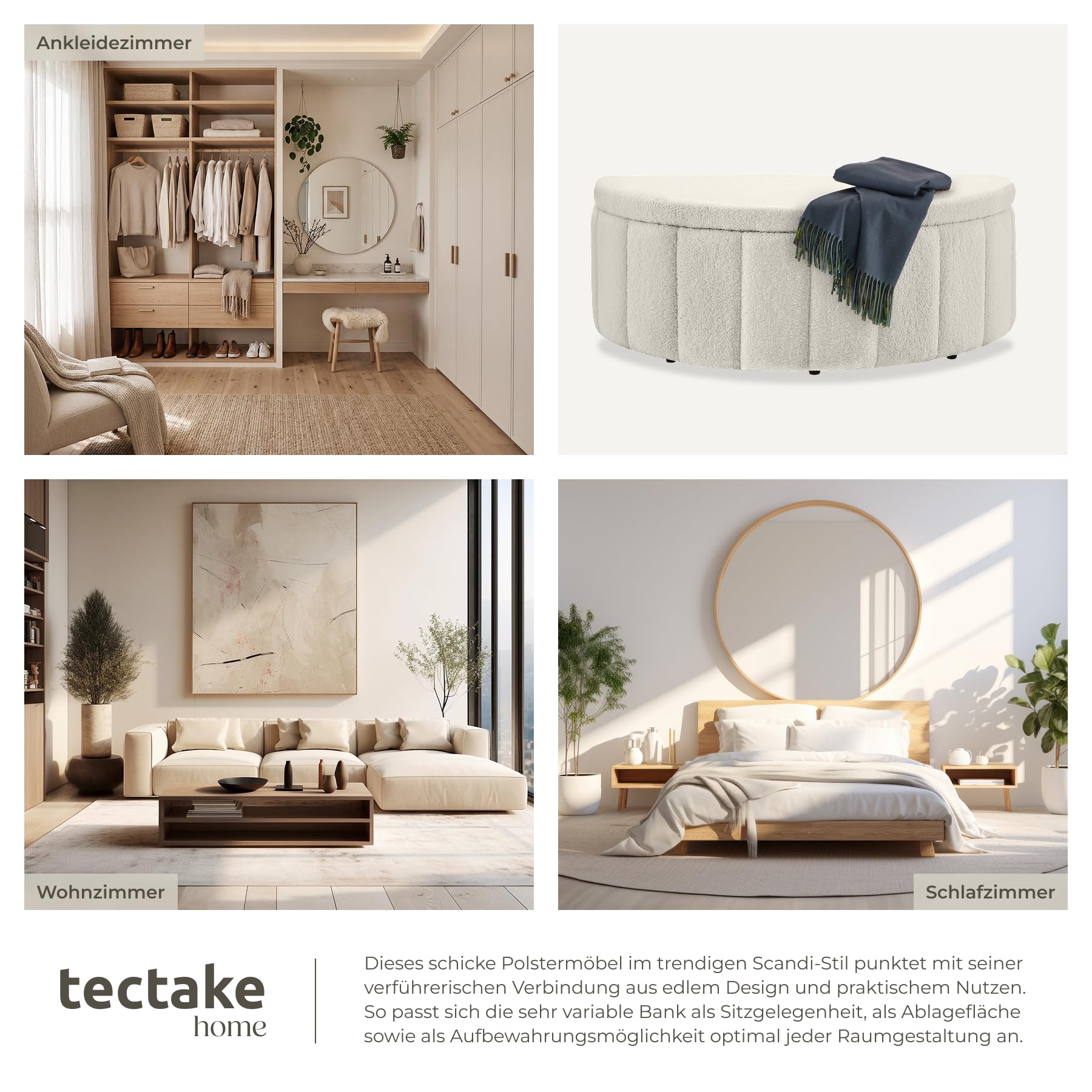 TecTake® Polsterbank, 108 x 48 x 38,5 cm, mit Stauraum, 150 kg belastbar, Polsterdeckel mit Gasdruckfeder, Sitzbank, Komfortbank, gepolsterte Bank, Polster Sitzbank, Bank mit Polster - Bouclé Creme