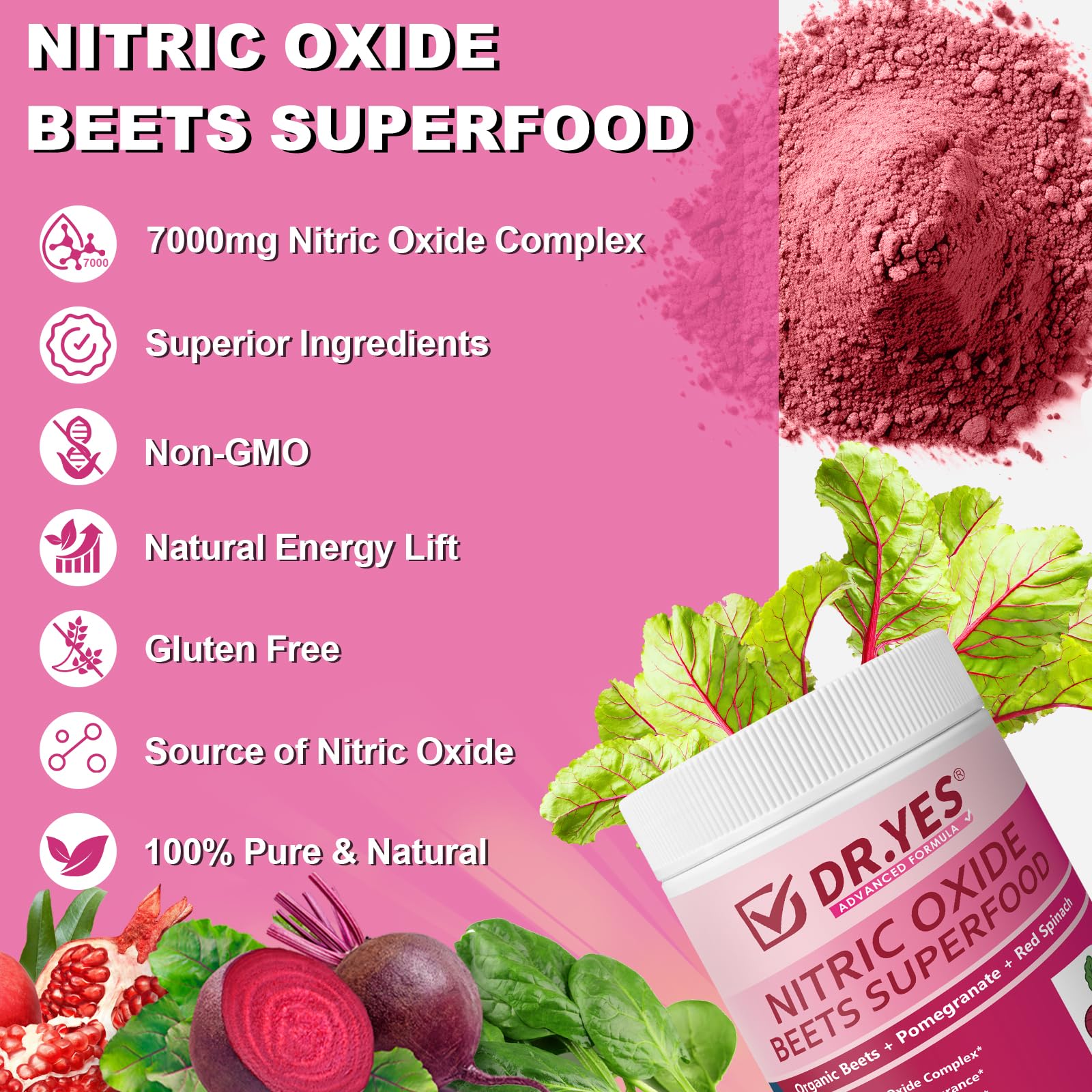 DR.YES Organic Beet Root Nitric Oxide Powder - Supports Energy, Endurancet, Heart Health & Circulation for Smoothie, Baking & Juice, Vegan, Non-GMO, Gluten-Free (8.47oz / 240g) — Amazon image 4
