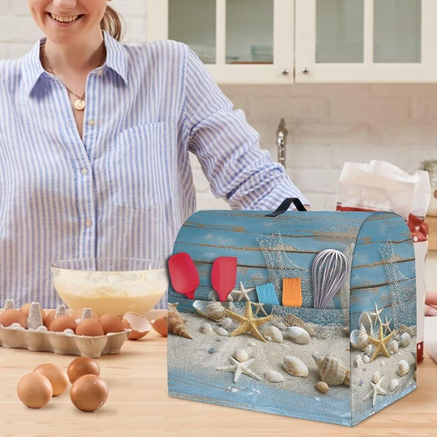 Beach Starfish Shell Print Stand Mixer Covers Kitchen Aid Mixer Cover Dust Covers with Top Handle Front Pocket Universal Fit Tilt Head and Bowl Lift Models