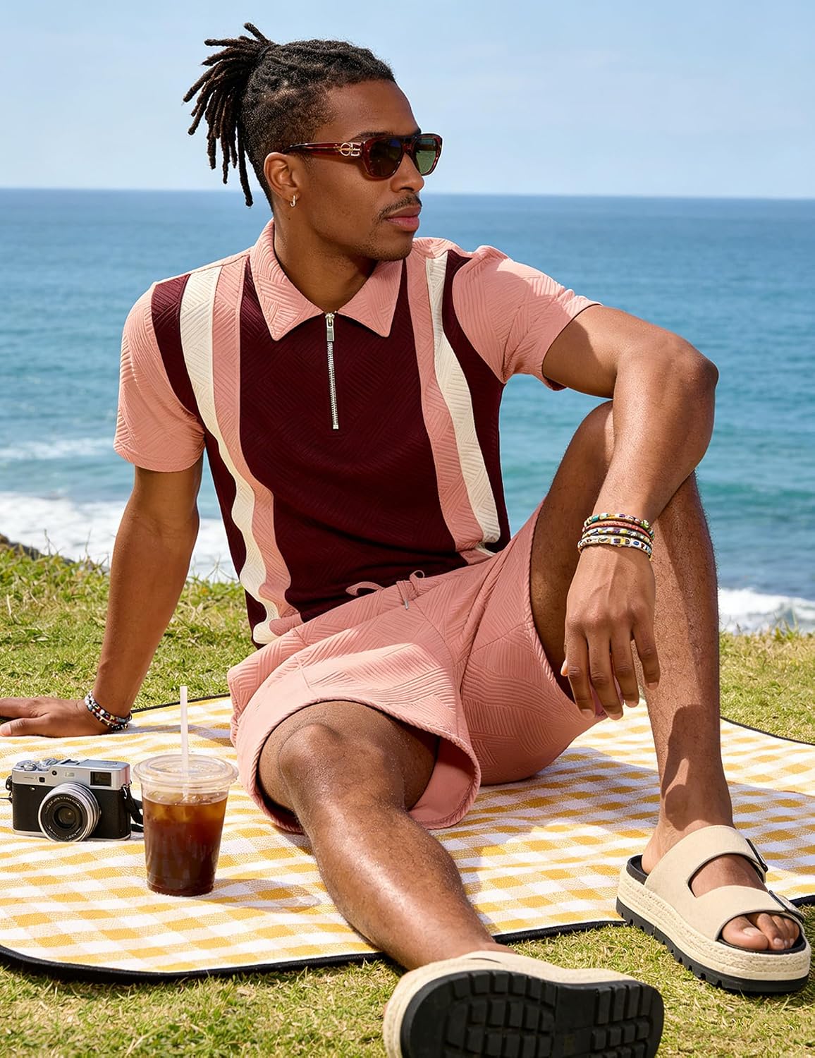 UOUA Mens Summer Track Suits 2 Piece Shorts Sets Short Sleeve Sweatsuit Outfits 1/4 Zip Golf Polo Splicing Striped Shirts