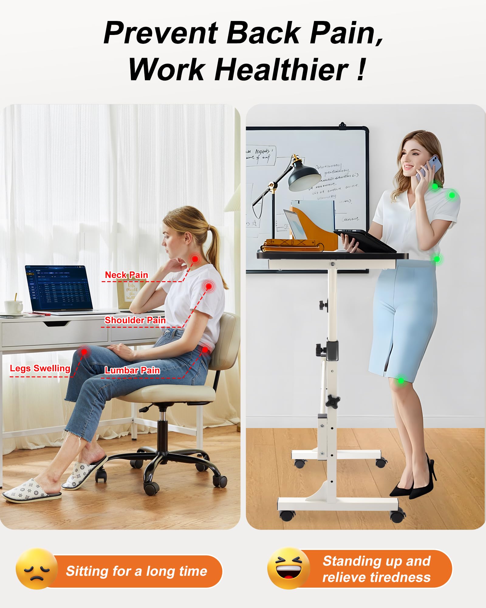 RayLove Bureau réglable en Hauteur avec roulettes, Bureau d'ordinateur Mobile avec 4 roulettes verrouillables, Bureau Assis-Debout Noir et Blanc, Compatible avec Tapis de Course et Tapis de Marche