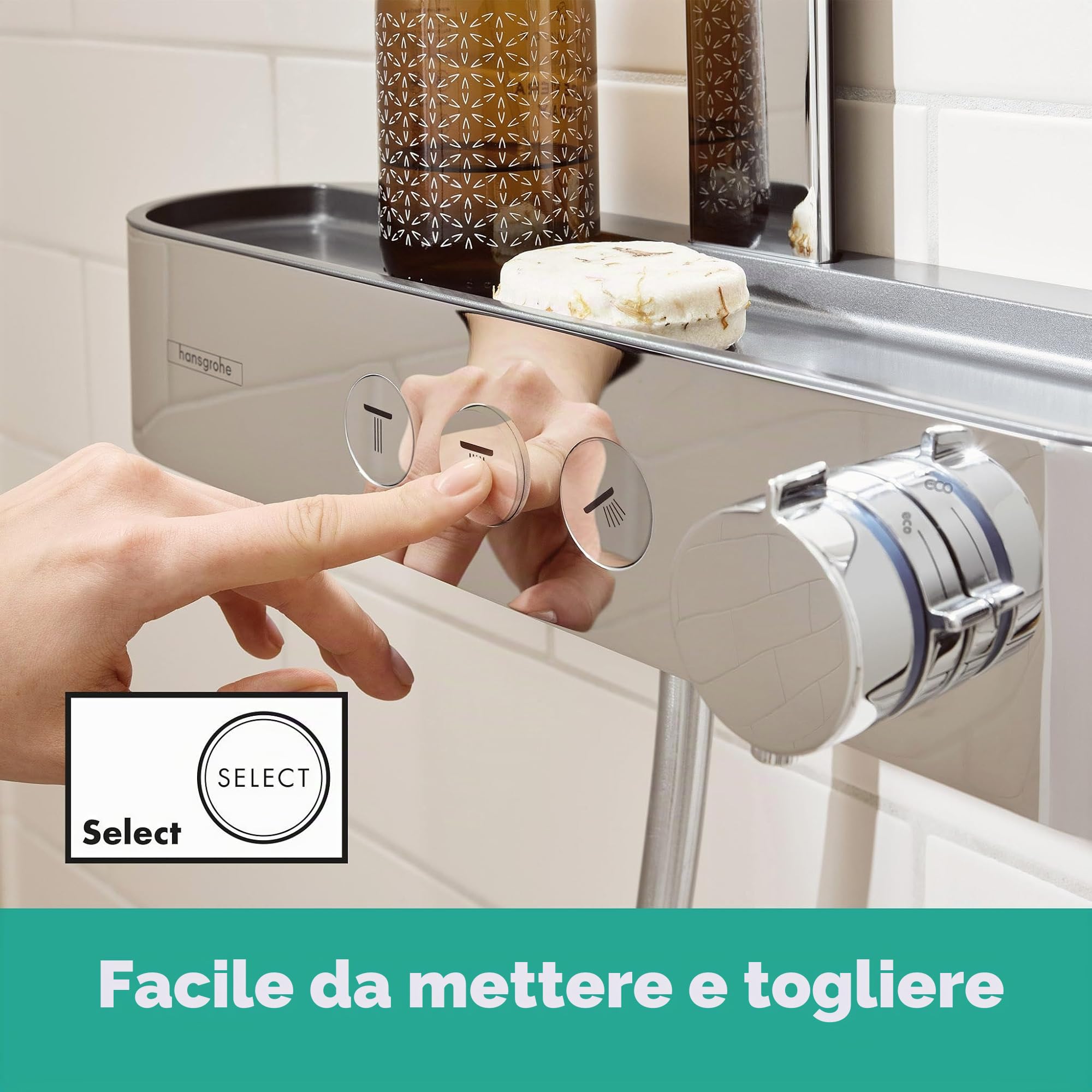 hansgrohe Pulsify S - Colonna doccia a risparmio idrico (EcoSmart) con miscelatore termostatico, Sistema doccia (260 mm) con rubinetto, doccetta, tubo, asta e soffione doccia tondo, cromo, 24241000