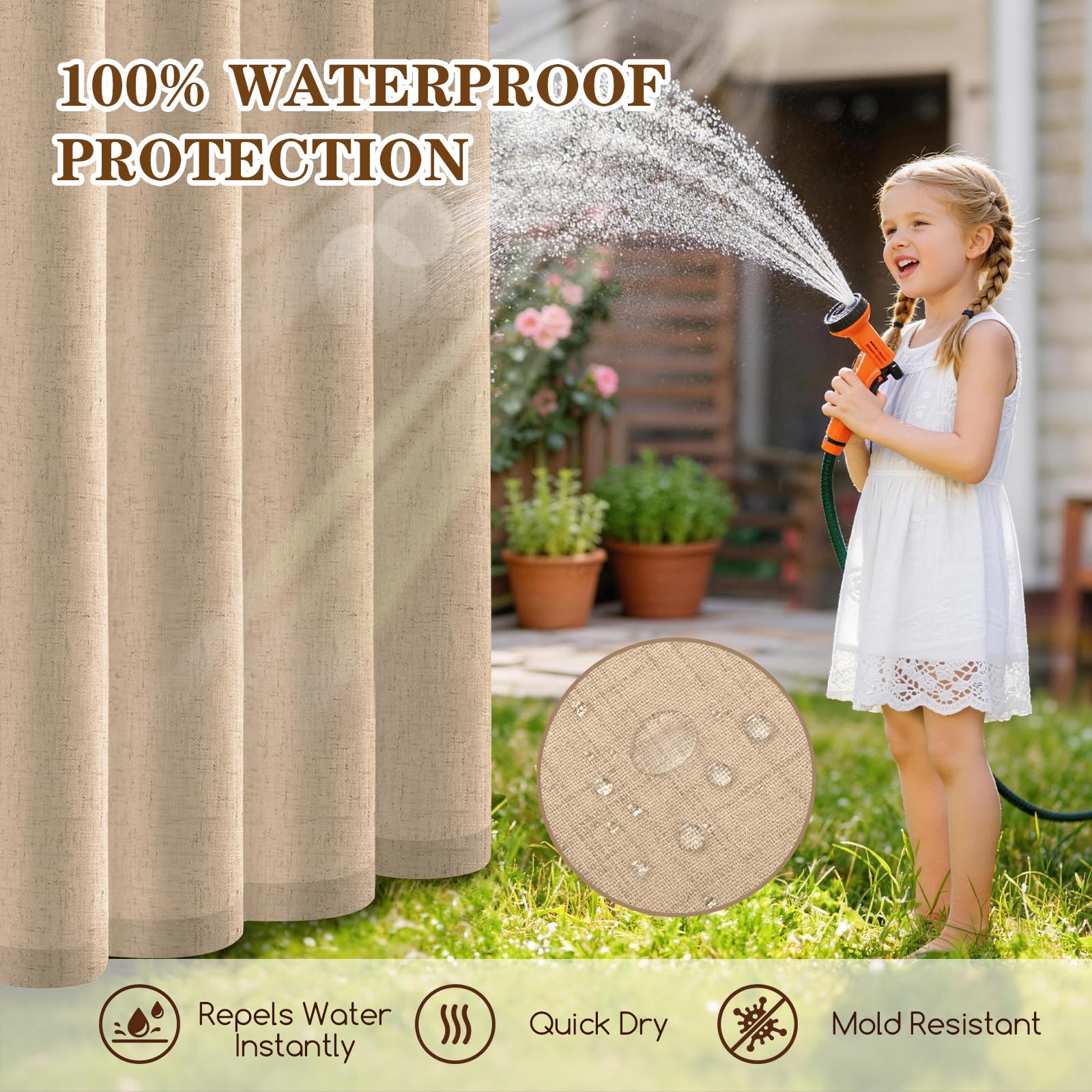 Tende da Esterno, 2 Pezzi Tende per Gazebo Antipioggia con Anelli, Lino Tenda per Esterno Impermeabili, Tenda Oscurante da Esterno per Terrazzo Porta Balcone Veranda Giardino Pergola(132x215cm,Caqui) - 3