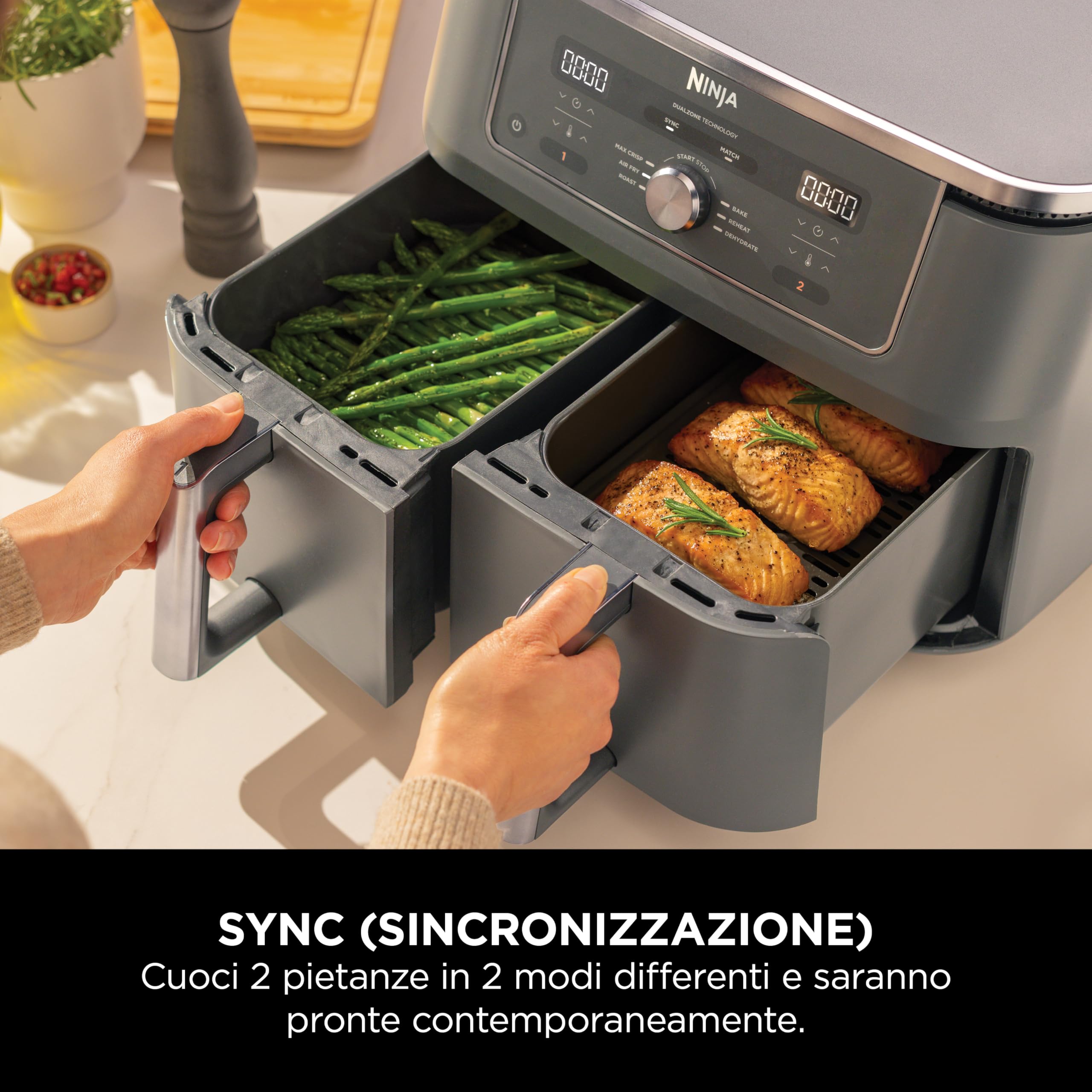 Ninja MAX Doppia Zona, Friggitrice ad Aria Digitale, Grigio/Piombo, DZ400EU | Cottura Senza Olio in 2 Cestelli Antiaderenti, Lavabili in Lavastoviglie, Capienza Totale 9,5L