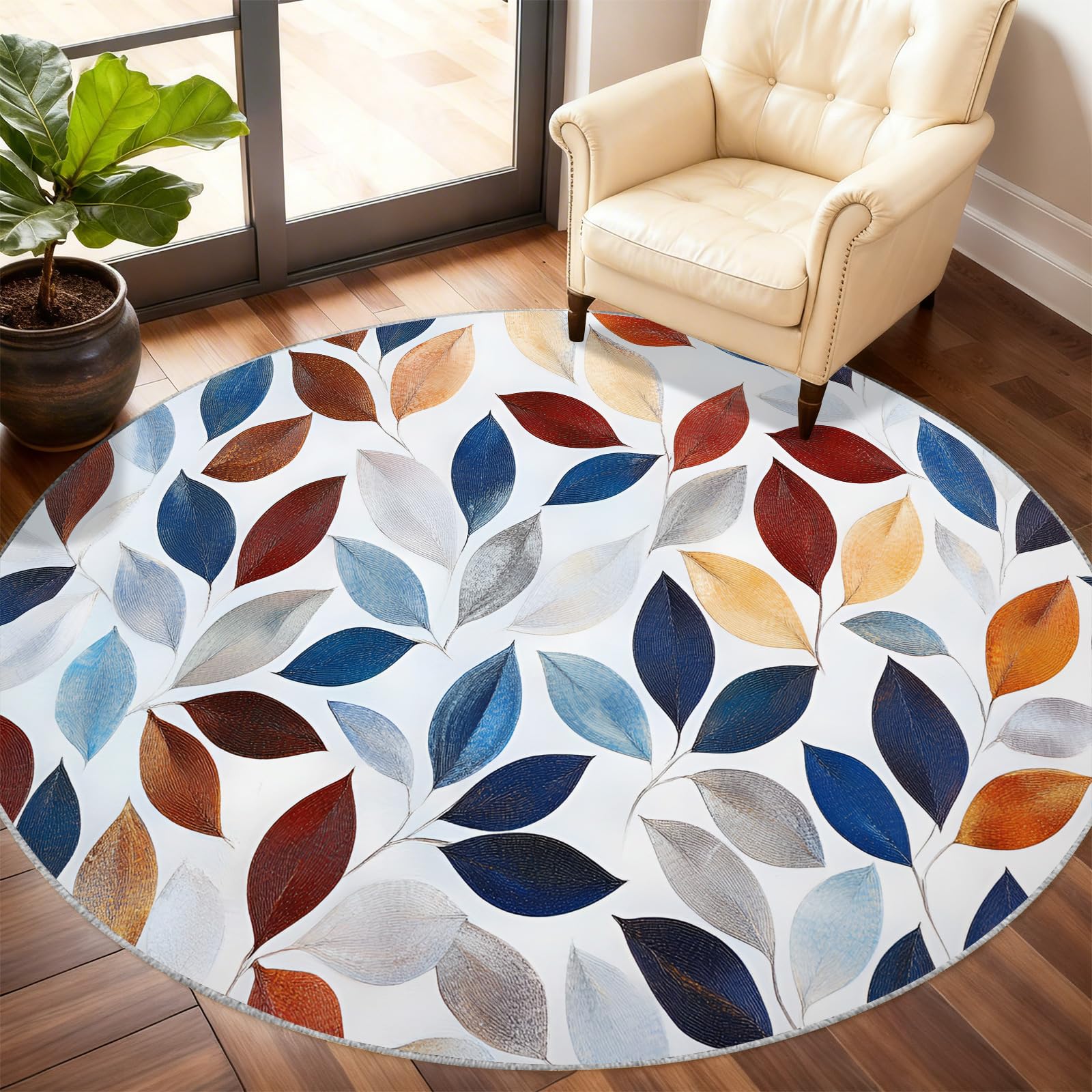 Tapis rond bohème 200 cm au motif feuilles pour salon chaleureux