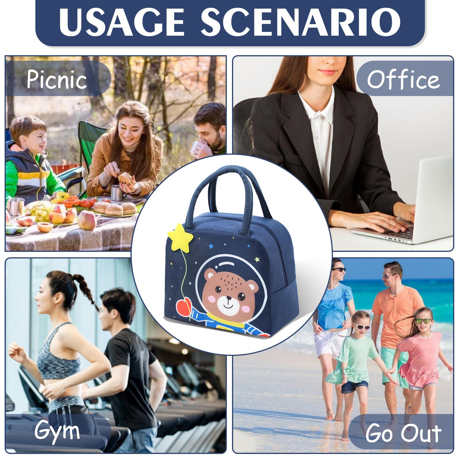 Insulated Reusable Lunch Tote Bags Cartoon Portable Lunch Box for Work Office Picnic Beach Space Bear — view 8