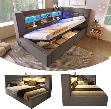 3ft Single Daybed with Hydraulic Lift and LED Storage Headboard, Functional Upholstered Ottoman Bed with USB Type-C Charging, Linen Gas Lift Up Storage Bed Frame Sofa Bed Guest Beds, No Mattress, Grey