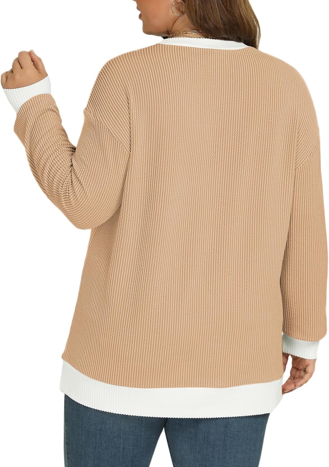 VISLILY Womens-Plus-Size-Tops Trendy Color Block Long Sleeve T Shirts Casual Loose Tunics Cute Knit Crewneck Blouses XL-5XL - Image 3