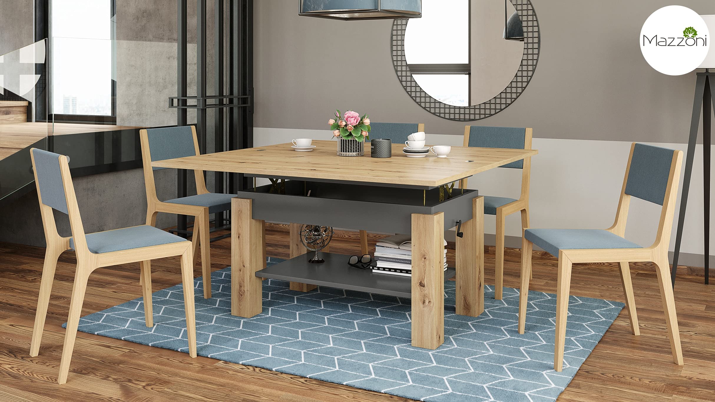 designimpex Design Couchtisch Tisch Arbeitstisch Brawo höhenverstelbar aufklappbar, Farbe:Eiche Artisan - Anthrazit matt
