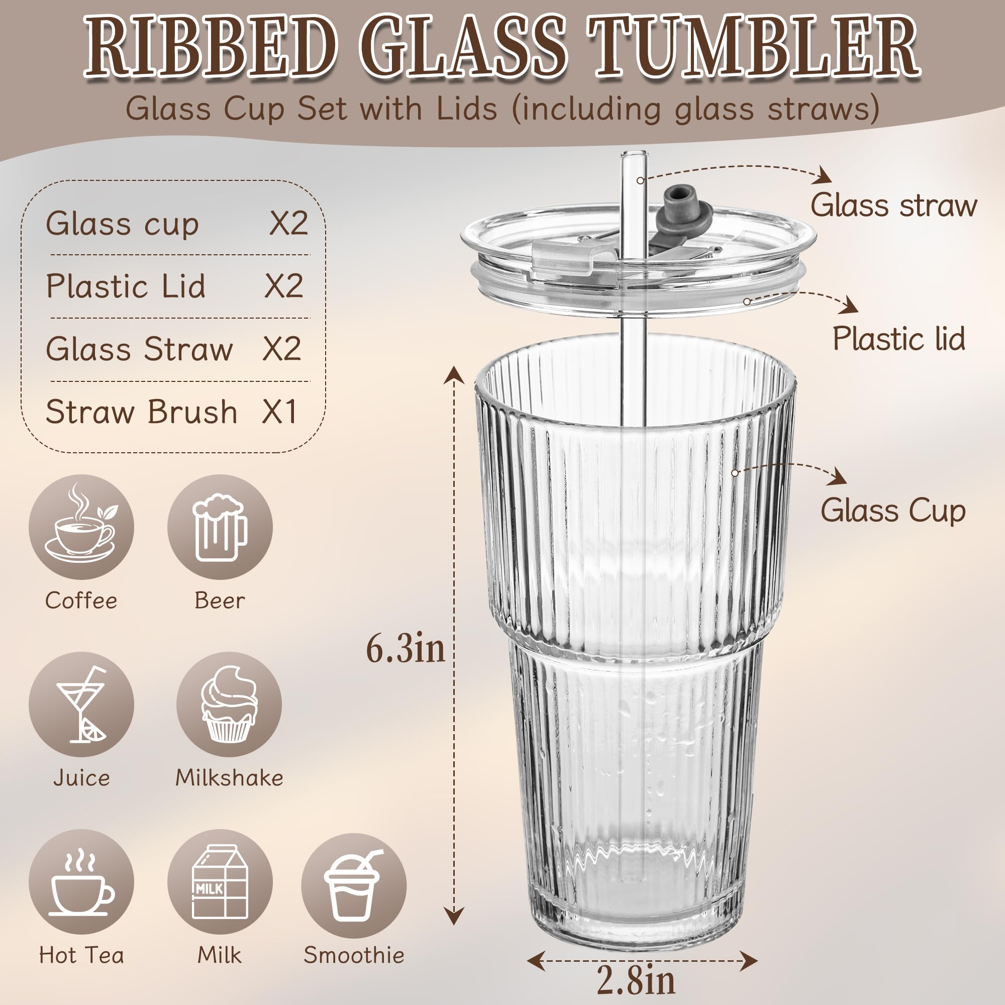 KUOGAS 4 Bicchieri in Vetro Rigato 600 ml con Coperchio e Cannuccia, Bicchieri per Frullati Spessi e Robusti in Vetro di Alta Qualità, Design Ermetico e Impermeabile, Ideale per Caffè