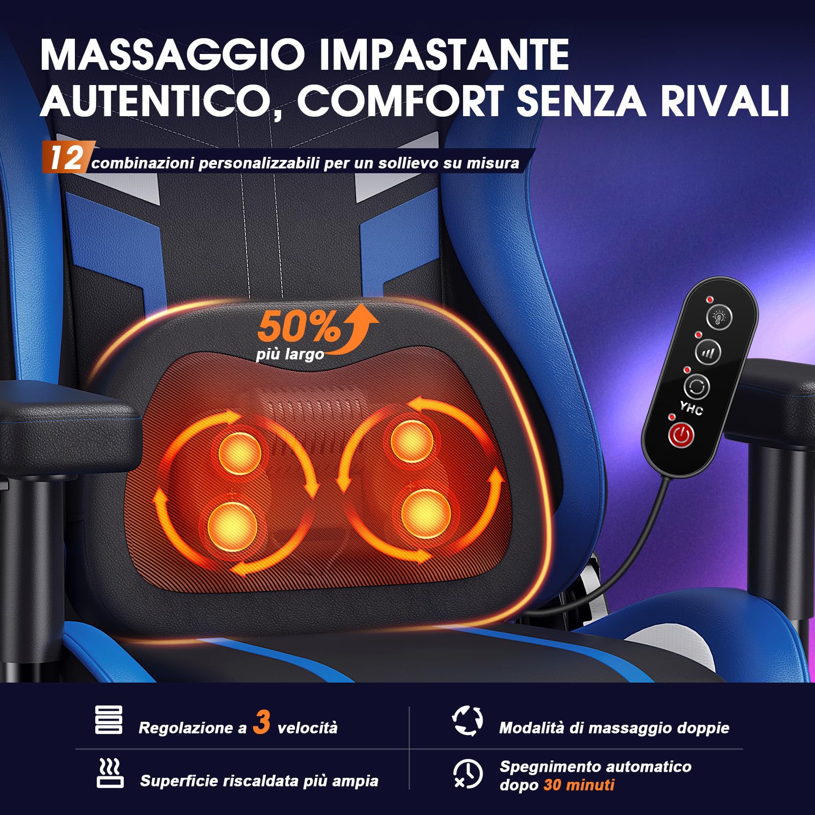 Douxlife Sedia da Gaming con Massaggio a Impasto, Ergonomica Sedia da Ufficio con Riscaldamento, Poggiapiedi, Reclinabile da 90° a 175°, Braccioli 2D più Spessi, Portata 180 kg, Blu