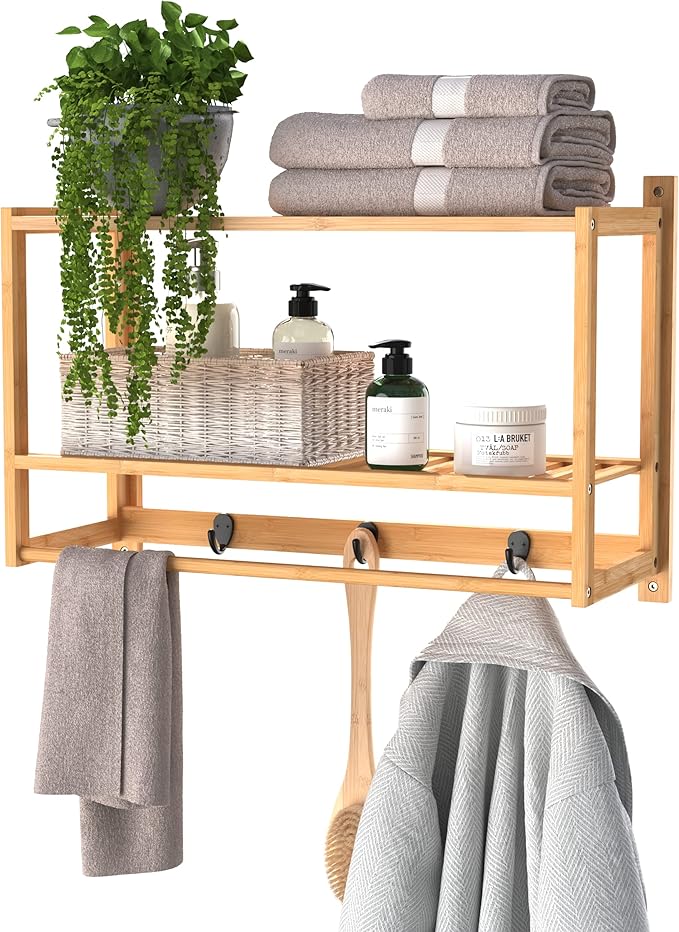 ClosetMaid Bamboo Wall Shelf with Towel Bar, 3 Hooks, Wall Mount Storage Shelves, 2 Tier, Organizer Rack, Natural Finish