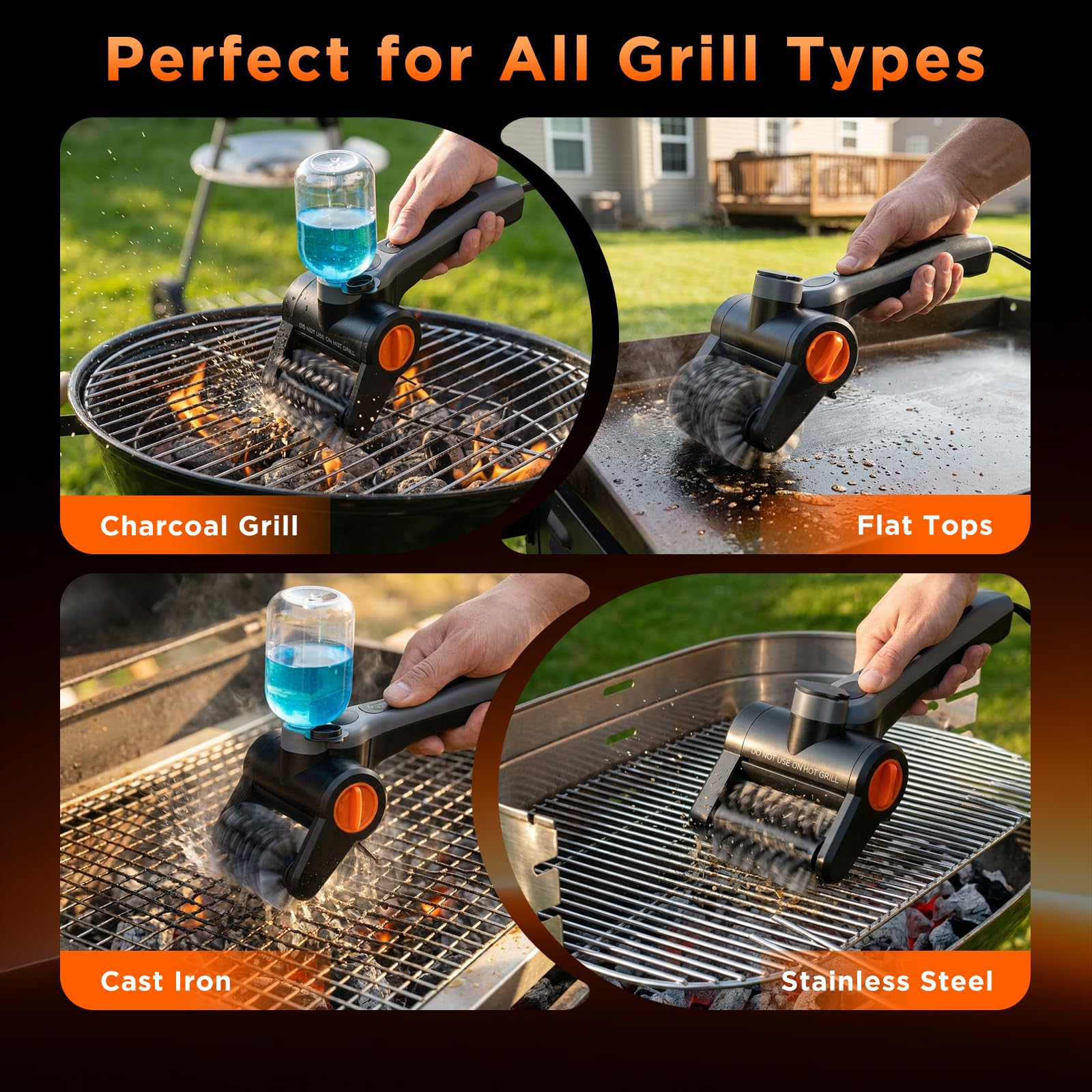 Brosse Electrique Barbecue 100W avec Flacon Pulvérisateur – Rechargeable 7,4V, 2 Vitesses, 90 Min d'Autonomie, IPX8 Étanche – Brosse Nettoyage Electrique pour Grille avec Caisse à Outils