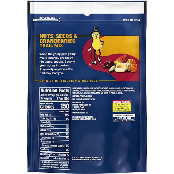 Planters Nuts (Seeds & Cranberries Trail Mix with Roasted Peanuts & Almonds, Sunflower Kernels, Golden Raisins, Cranberries & Pumpkin Kernels, 6 oz Bag)