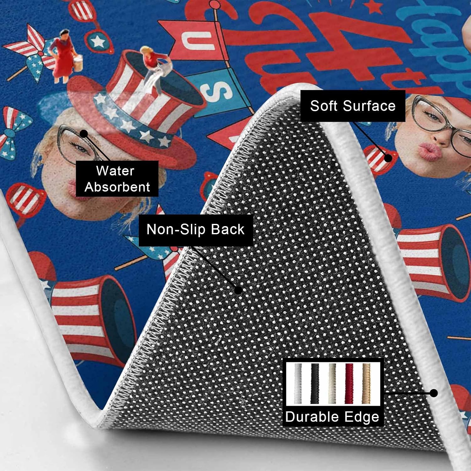 Happy 4th Of July Kitchen Mat Set 2 Pieces USA Flag Bow Hat Windmills Glasses Blue Background Non Slip Kitchen Rugs Washable Runner Rug Mats for Sink Laundry (23.6" x 35.4"+23.6" x 70.9")