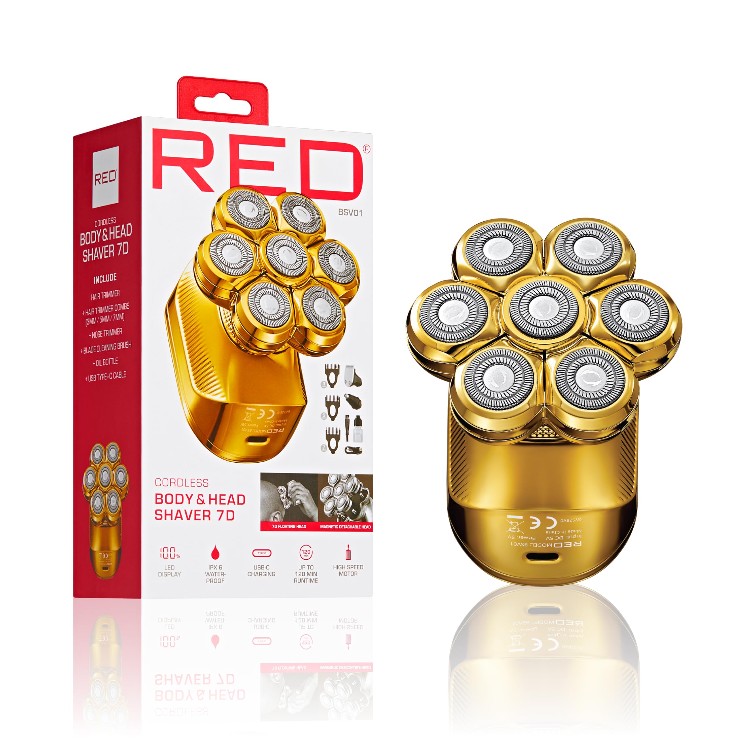 Red by Kiss Rasoio elettrico 7D senza fili per uomo e corpo, impermeabile, rasoio rotante ricaricabile per rasatura liscia della testa calva e cura del corpo completo