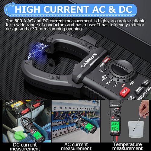 Miniatura 5 de CAMWAY Medidor de abrazadera,Multímetro de abrazadera digital,TRMS 6000counts 600A ACDC Corriente ACDC, Voltaje CACC NCV Continuidad Capacitancia