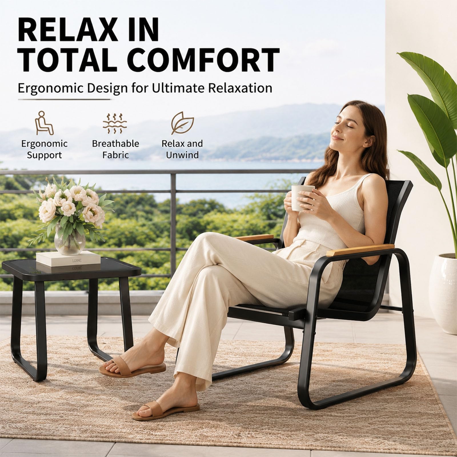 Garvee 3-teiliges Balkonmöbel Set für 2 Personen, moderne Gartenmöbel Sitzgruppe mit Stahlrahmen, Glastisch und Armlehnen in Holzoptik, pflegeleichtes Lounge Set für Balkon,Terrasse und Garten,Schwarz