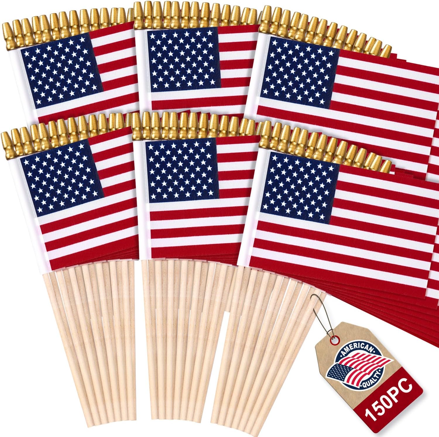150 Pack Small American Flags on Stick, 4x6 Inch Mini US Hand Held Wooden Stick Flags with Spear Top, 4th of July Independence Day Decoration for Outdoor Outside USA Decor