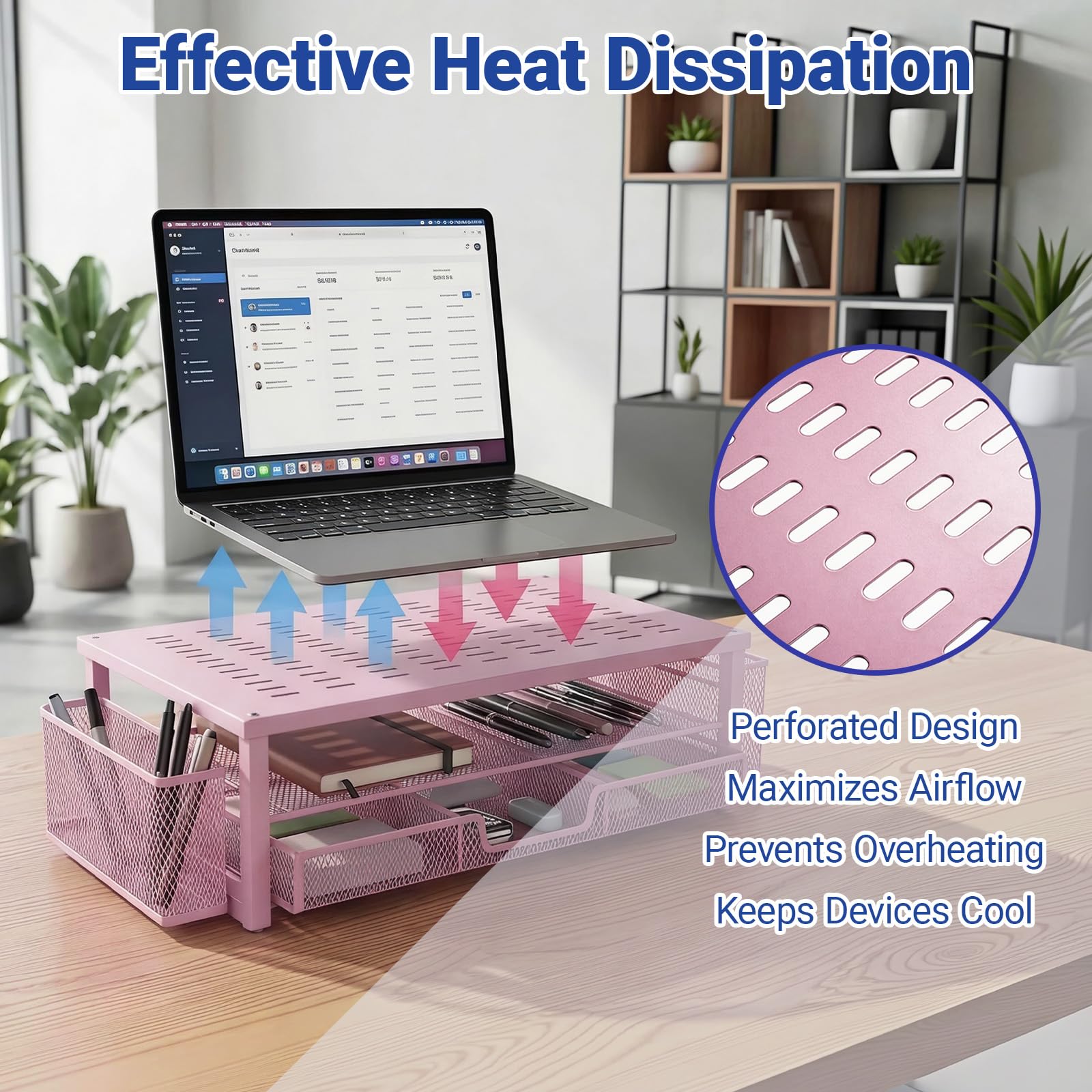 Supporto per monitor in metallo, supporto per scrivania da ufficio con cassetto, accessori da scrivania e 2 portapenne, per stampante, notebook (rosa)