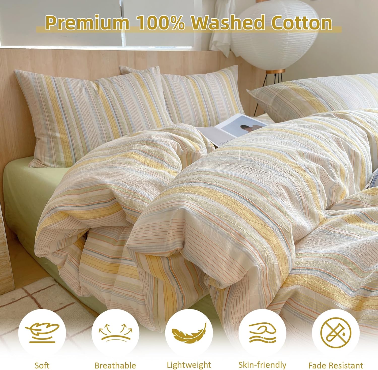 EAVD Retro Striped Duvet Cover Queen Soft Washed Cotton Colorful Wide Pinstriped Bedding Set with 2 Pillowcases Modern Farmhouse Geometric Pattern Duvet Cover with Zipper Closure
