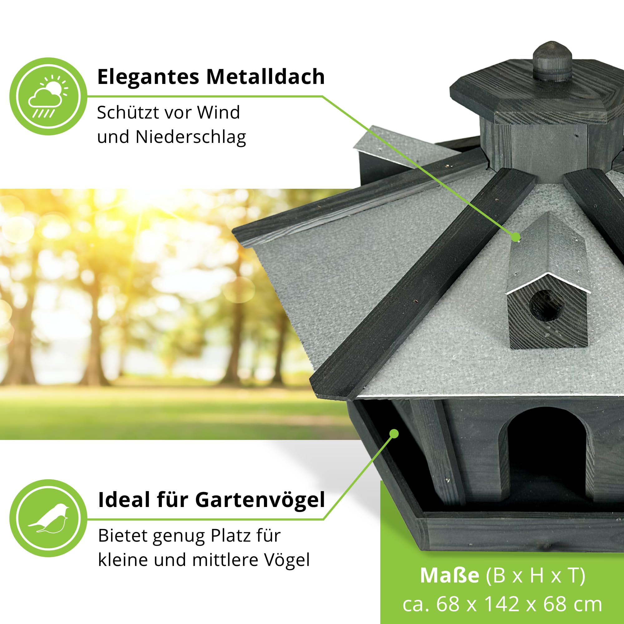 GARTENETAGE Vogelhaus Holz mit 2in1 Ständer & Metalldach/Vogelhaus mit Ständer wetterfest und stabil/sechseckiges Vogelfutterhaus mit Ständer/Robustes Vogelhäuschen für Balkon und Garten