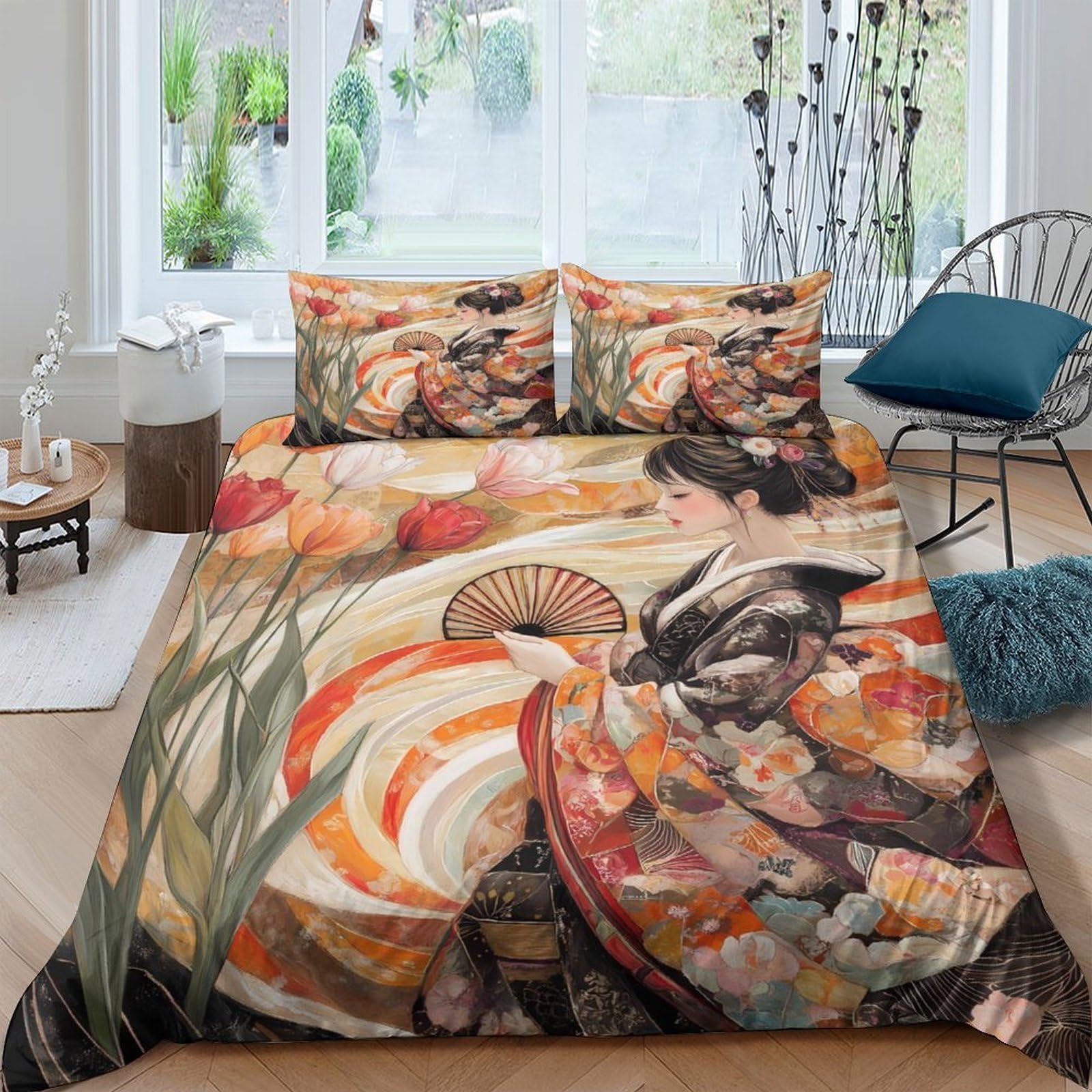 Ctjqhvkz Style-10 3D Printed Japanese Geisha Art Fitted Sheet Microfiber Soft Washable Koi Fish Mattress Cover For Bedroom Decor Single（135X200cm）