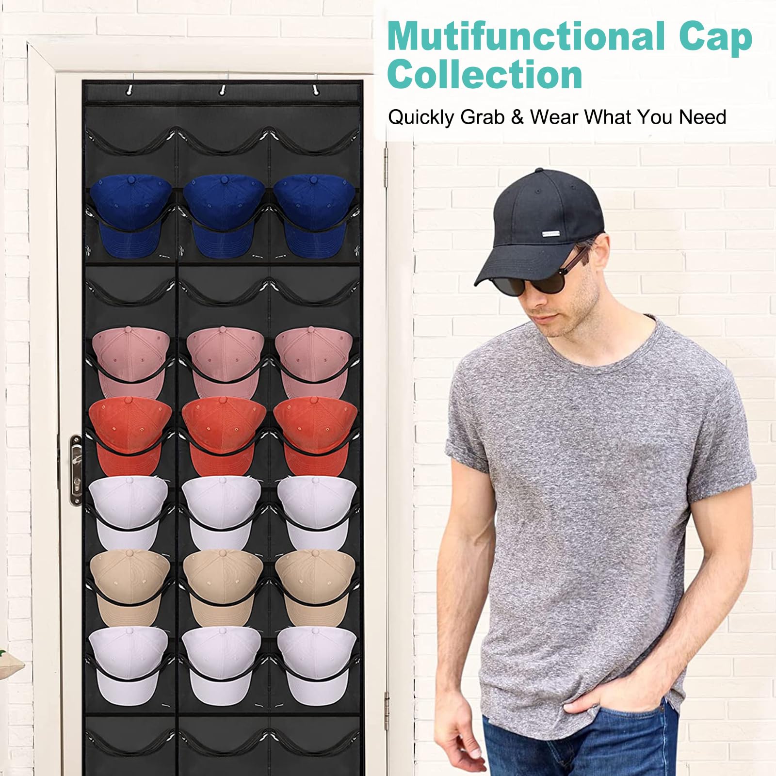Porte-Casquette Xocome 27 Poches - Support à Suspendre Sur Porte Ou Mur, Noir