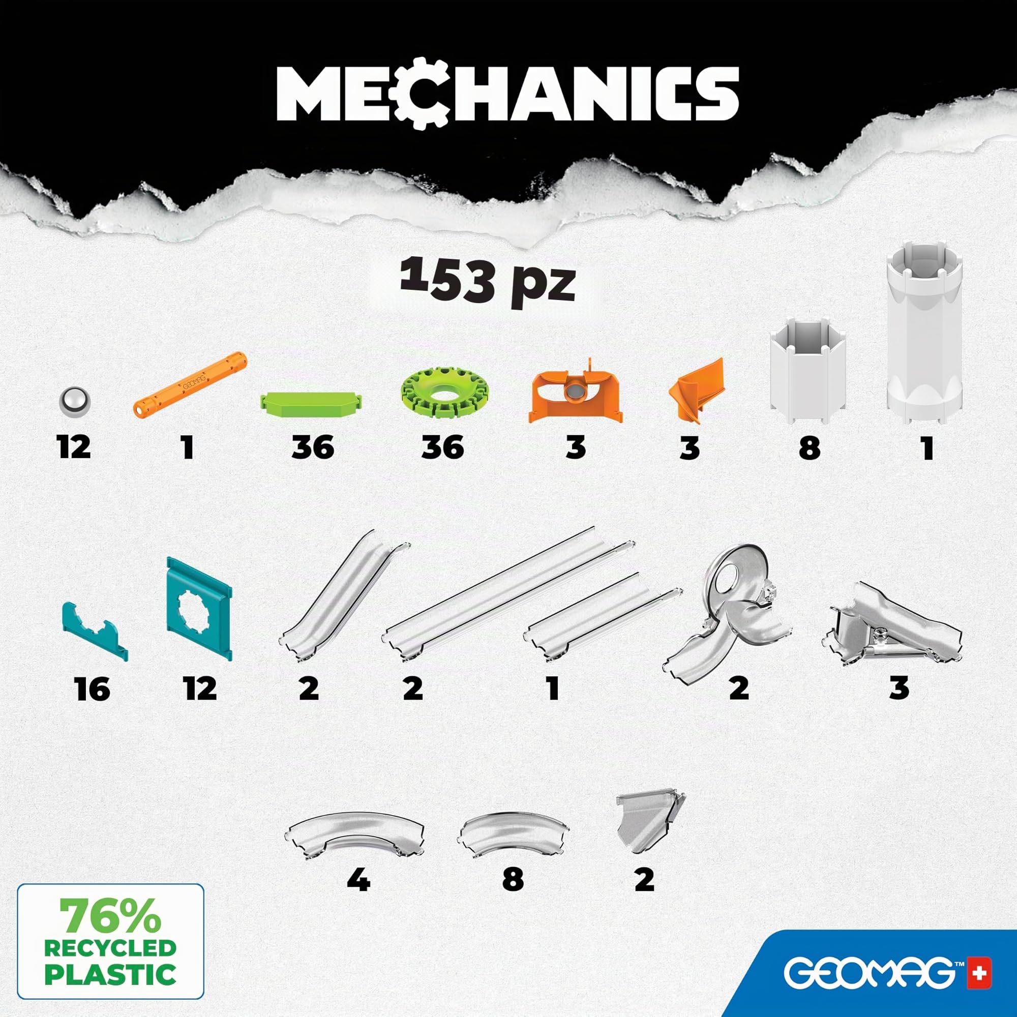 Geomag Mechanics Gravity Recycled Combo Starter Set 153 Pcs, Gioco Educativo e Creativo per Bambini, Costruzioni Magnetiche, Confezione da 153 Pezzi, Plastica riciclata