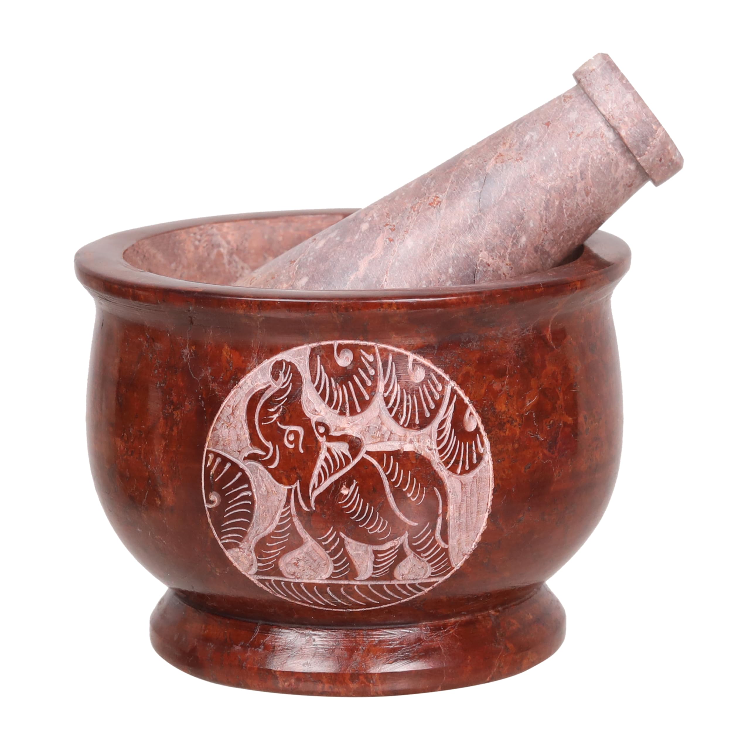 Mortero y mortero, hecho de piedra dura pulida resistente, amoladora de piedra natural para especias, pastas, hierbas, condimentos, etc. (Brown Elephant)