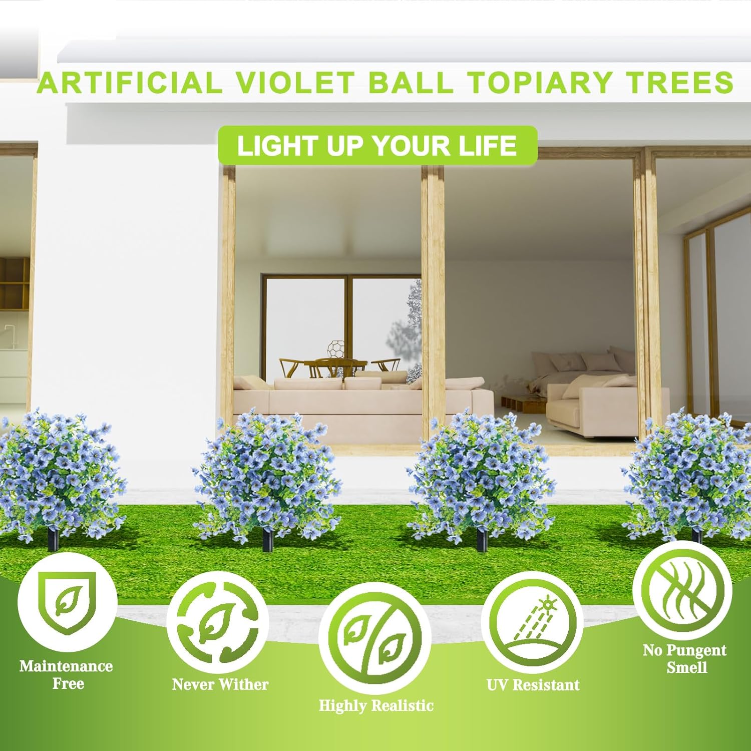 23'' Artificial Violet Ball Topiary Trees with Ground Spikes, 2 Pack UV Resistant Fake Artificial Bushes Plants, Realistic Faux Shrubs Tree for Indoor Outdoor Front Porch Garden Decor, Blue