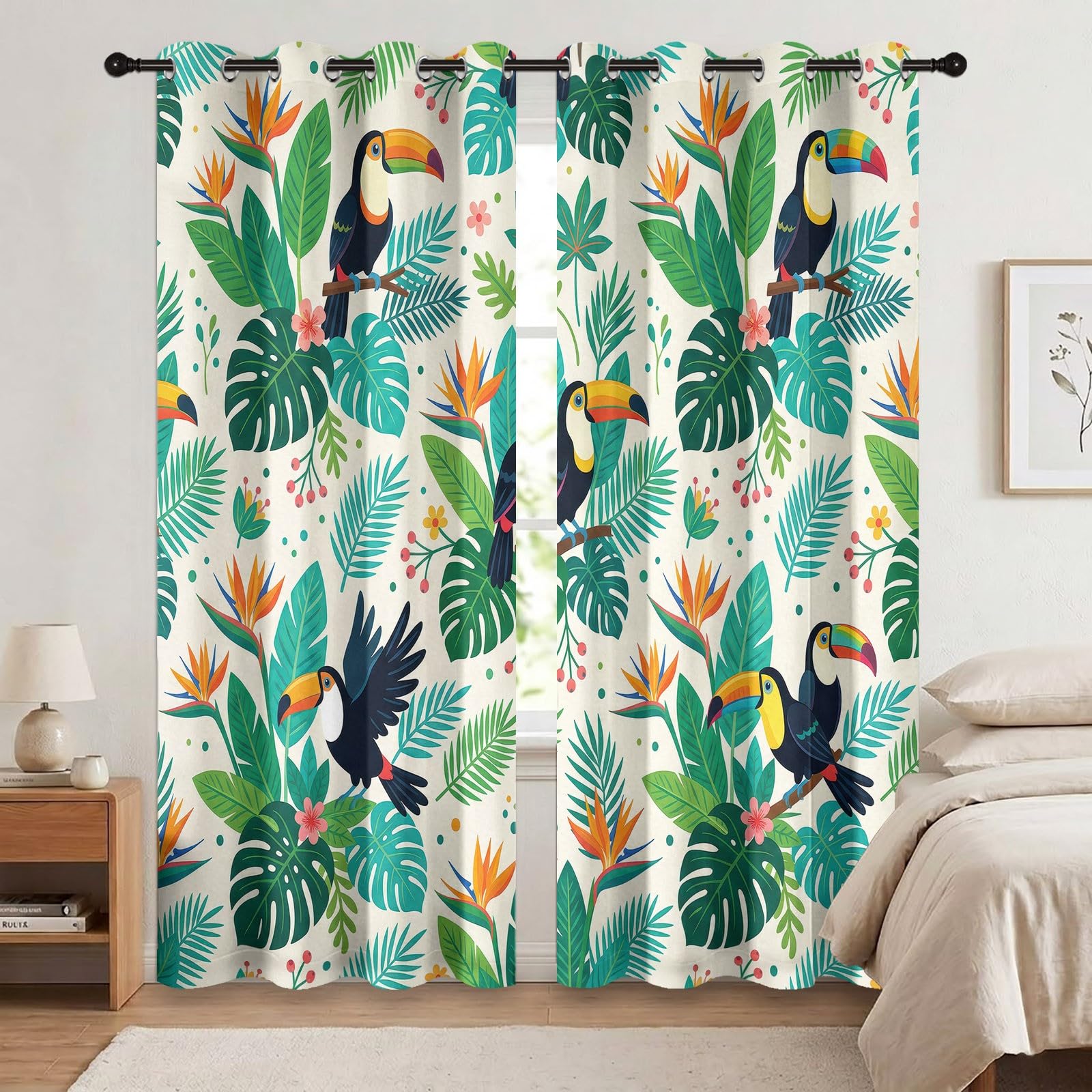 Firany na przelotkach, nowoczesne zasłony z tukanem i liśćmi, wys. 175 x szer. 140 cm (2 sztuki) - ptaki, rośliny i kwiaty, zasłony zaciemniające, nieprzejrzyste zasłony do dekoracji okien w sypialni