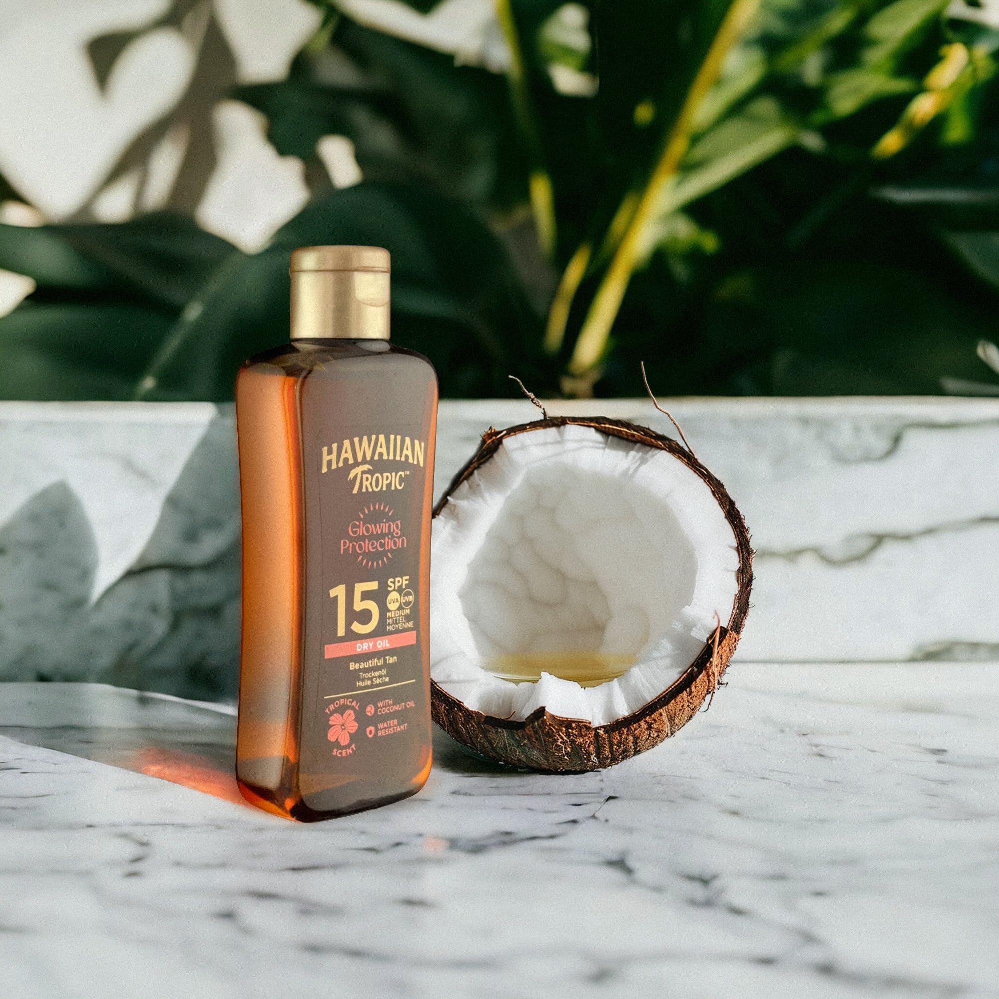 Hawaiian Tropic | Glowing Protection Olio Secco SPF 15, Formato da Viaggio, Profumazione Tropicale, con Burro di Karité, Resistente all'Acqua, Vegano