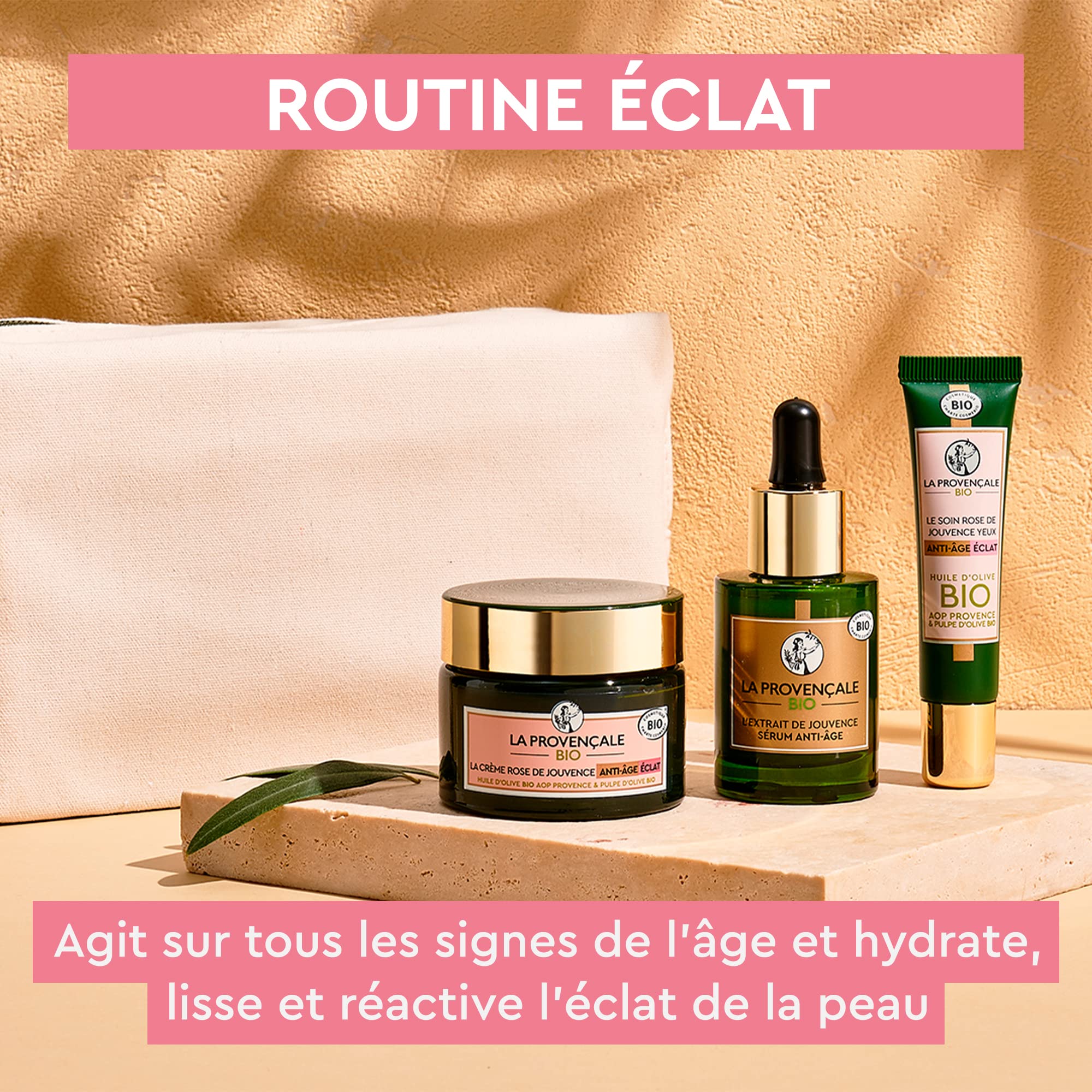La Provençale - Jouvence rutina brillo buena mina certificada orgánica | Totum Olivo orgánico, ácido hialurónico, concentrado de polifenol 5x sérico, crema rosa, cuidado de los ojos