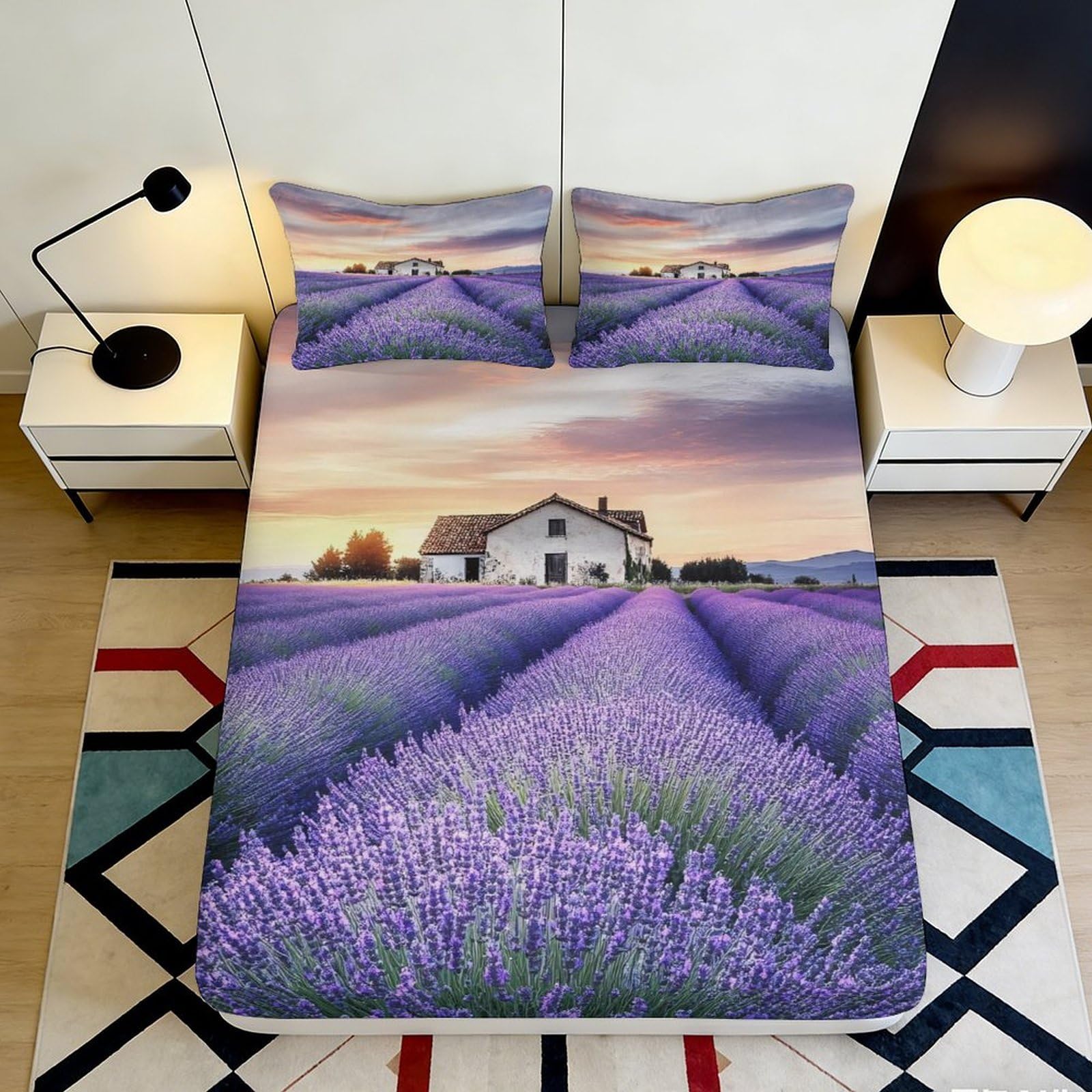 3D Printed Lavender Field Fitted Sheet Microfiber Soft Breathable Countryside House Mattress Cover Bedroom Decor 90x200x25cm
